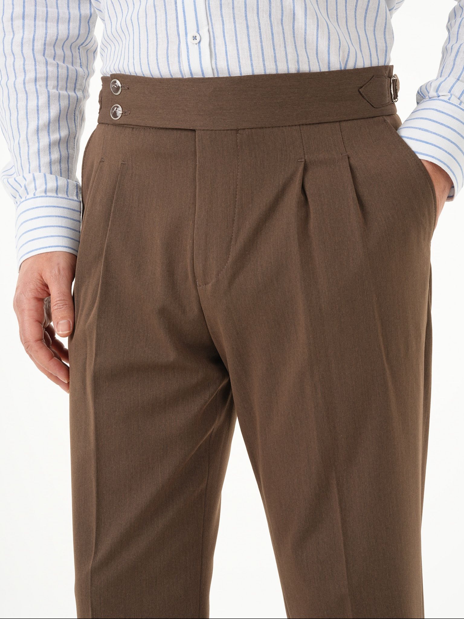 Erkek Regular Fit Yüksek Bel Piliseli Tokalı Kumaş Pantolon - Sütlü Kahve