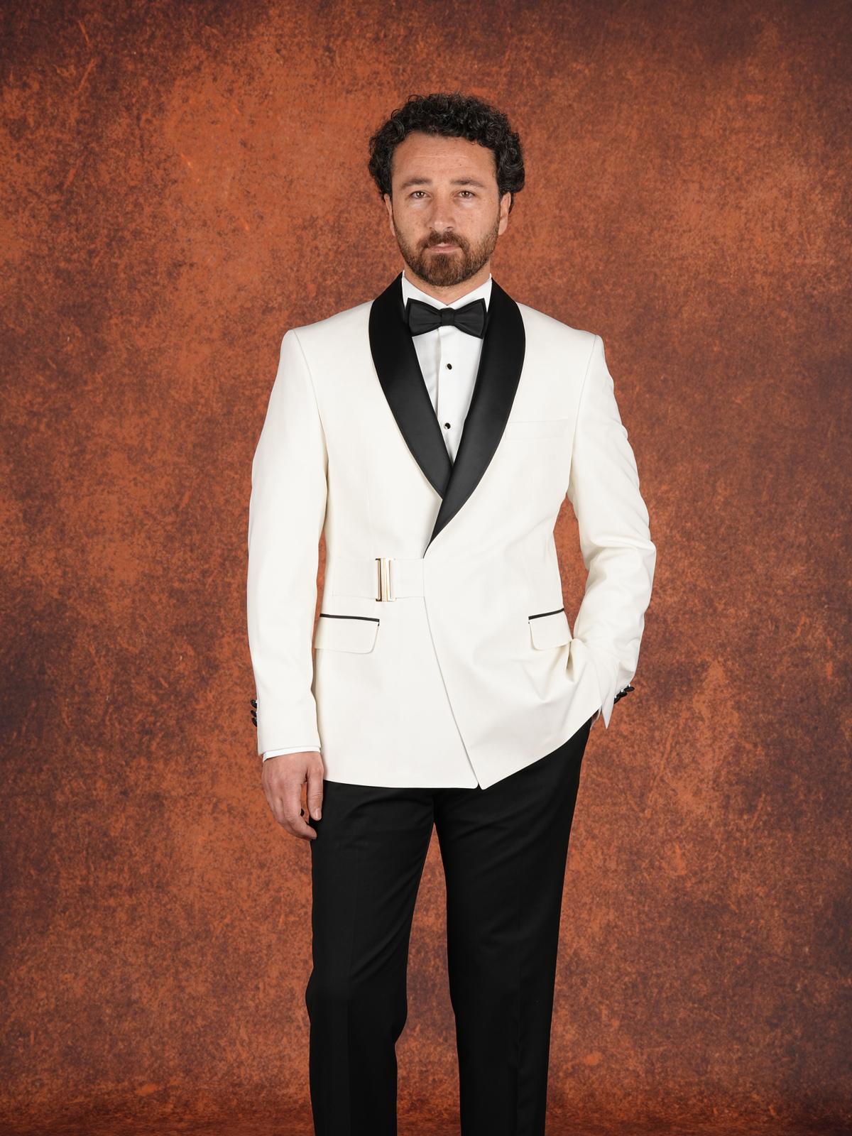 Erkek Premium Slim Fit İtalyan Stil Şal Yaka Gümüş Toka Damatlık Smokin Ceket Pantolon Papyon - Beyaz