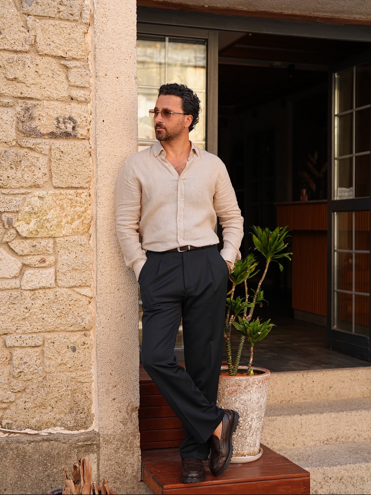 PAREZ Keten Gömlek Modern Fit Yaka Düğmeli - Krem