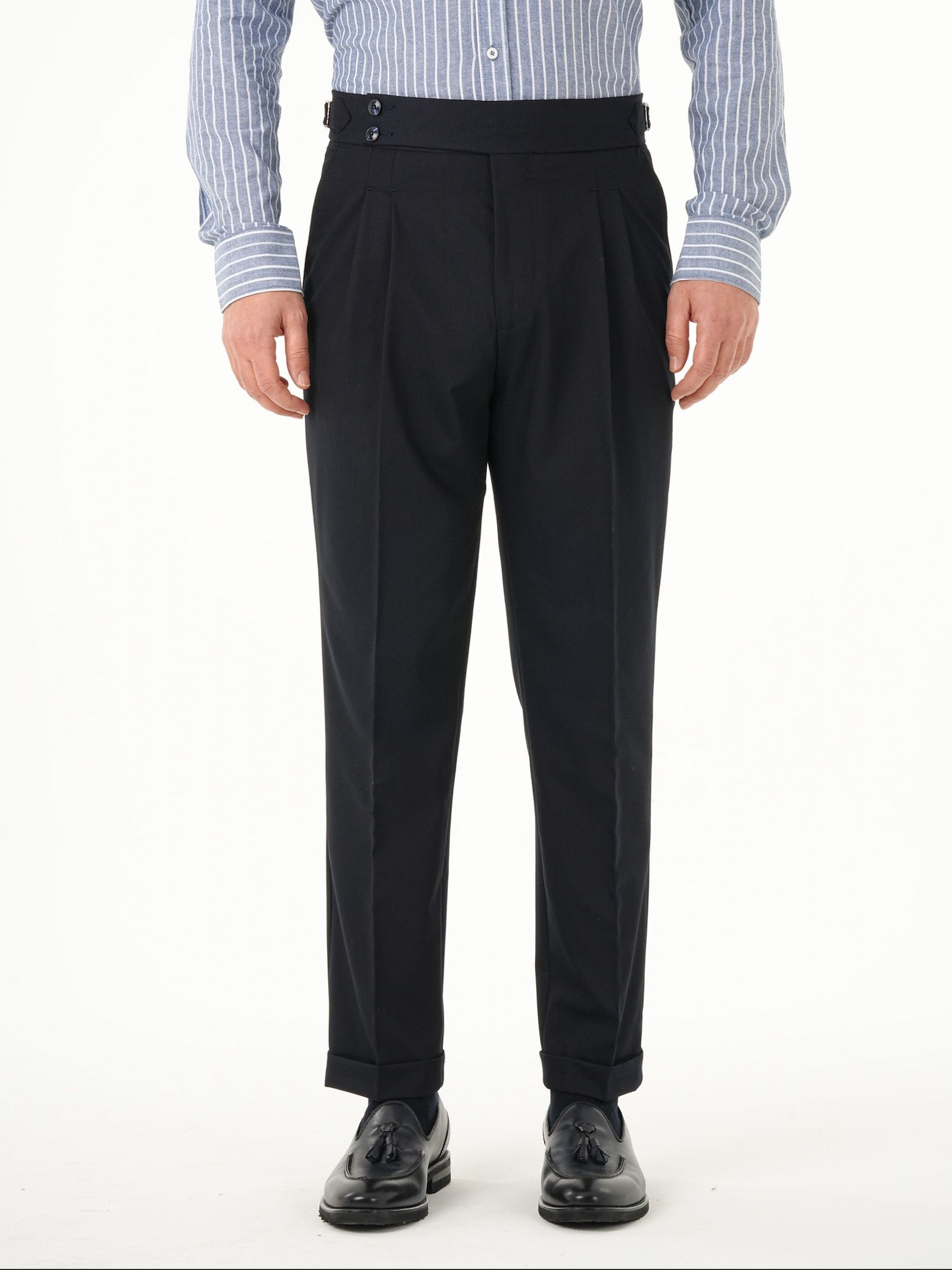 Erkek Regular Fit Yüksek Bel Piliseli Tokalı Kumaş Pantolon - Koyu Lacivert