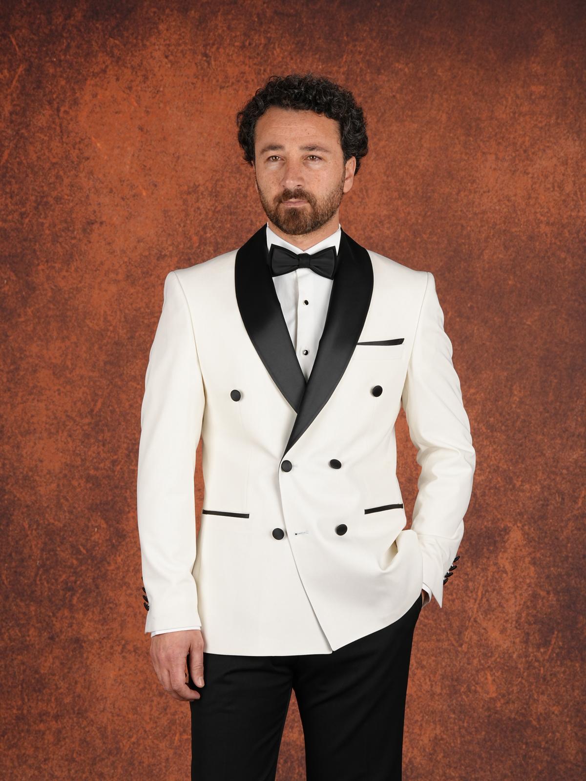 Erkek Premium Slim Fit İtalyan Stil  Damatlık Smokin Ceket Pantolon Papyon - Beyaz