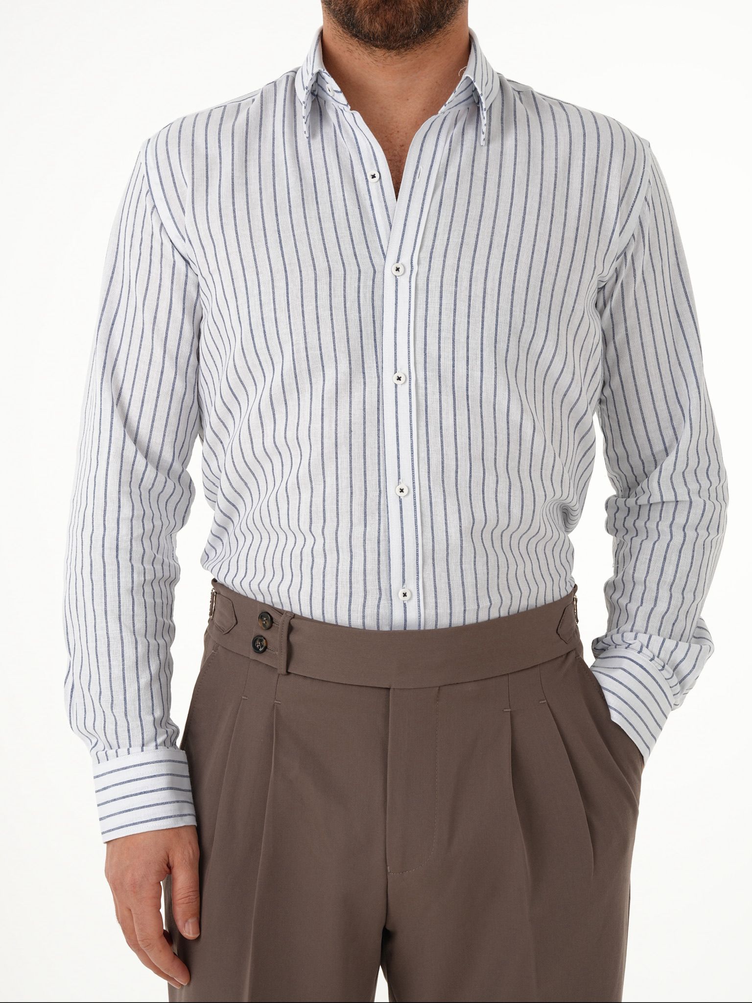 Erkek Premium Regular Fit Çizgili Keten Gömlek - Lacivert