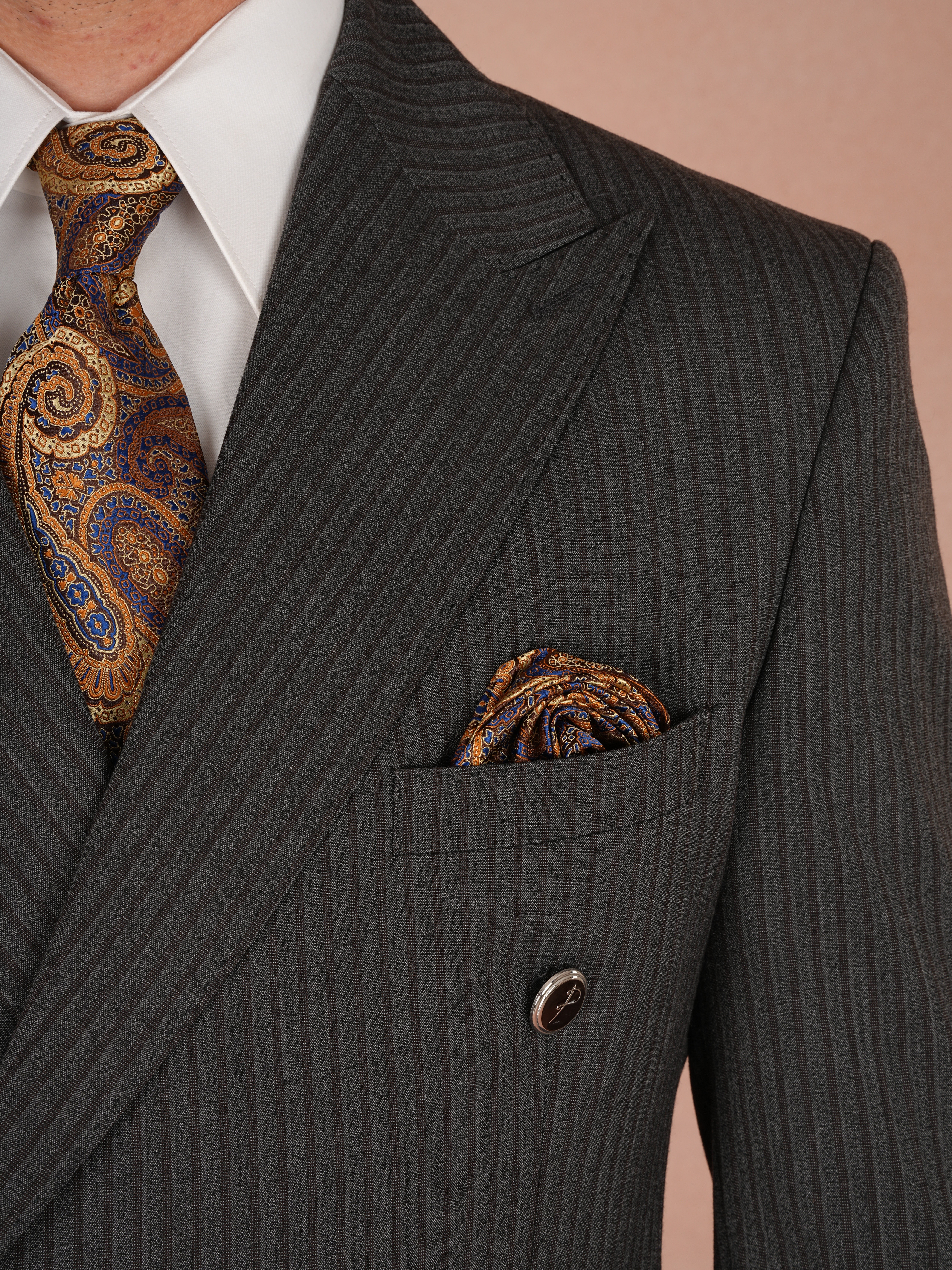 Premium Erkek Çizgili Kruvaze Takım Elbise Slim Fit İtalyan Stil Ceket Pantolon - Gri