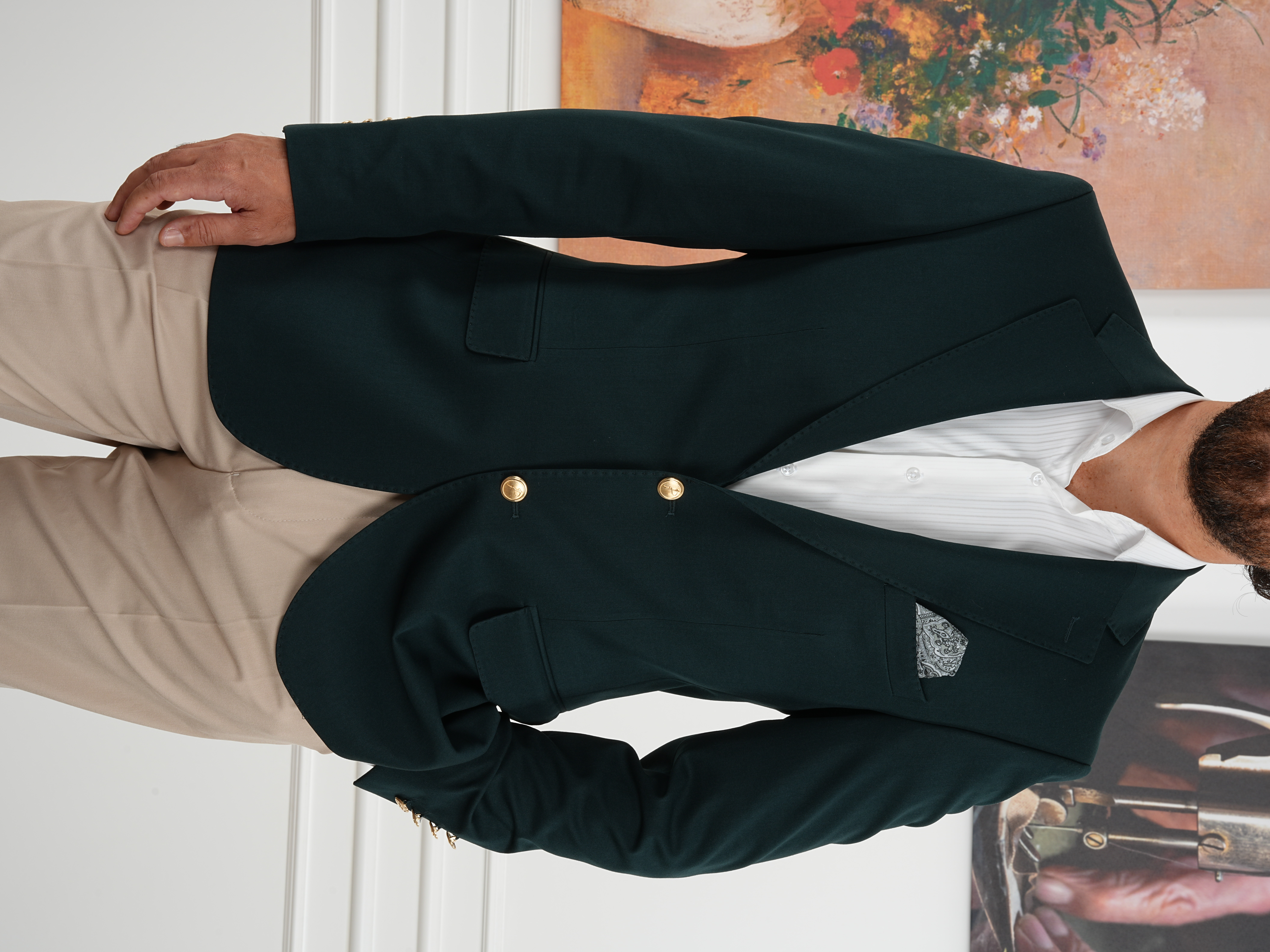 Premium İtalyan Stil Slim Fit Erkek Punto Dikişli Yarım Astarlı Ceket - Yeşil
