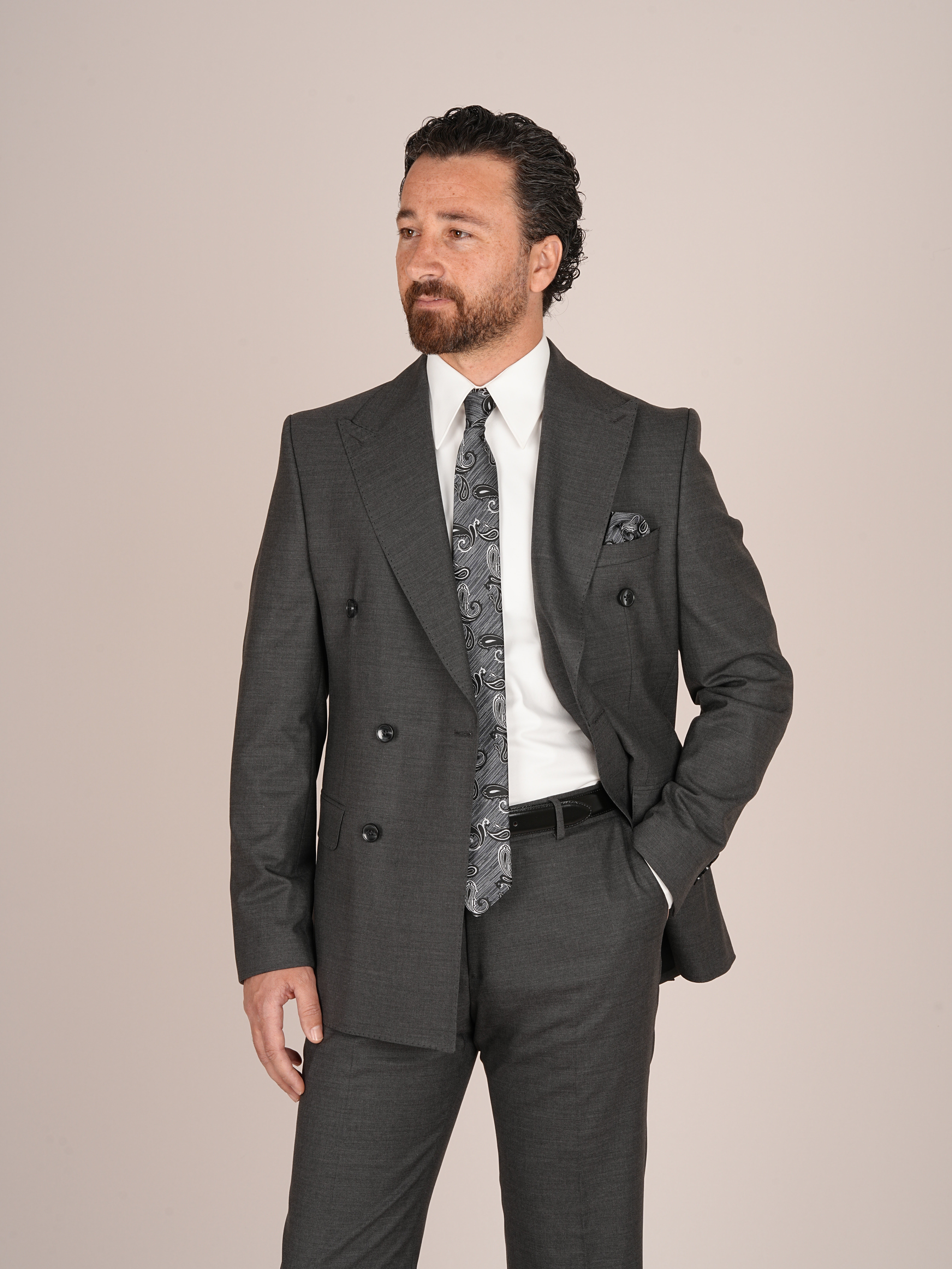 Erkek Slim Fit İtalyan Stil Kruvaze Takım Elbise Ceket Pantolon - Füme