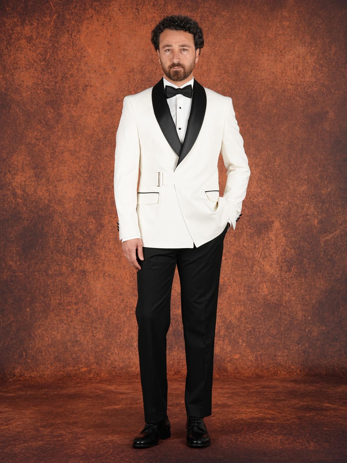 Erkek Premium Slim Fit İtalyan Stil Şal Yaka Gümüş Düğme Damatlık Smokin Ceket Pantolon Papyon - Beyaz