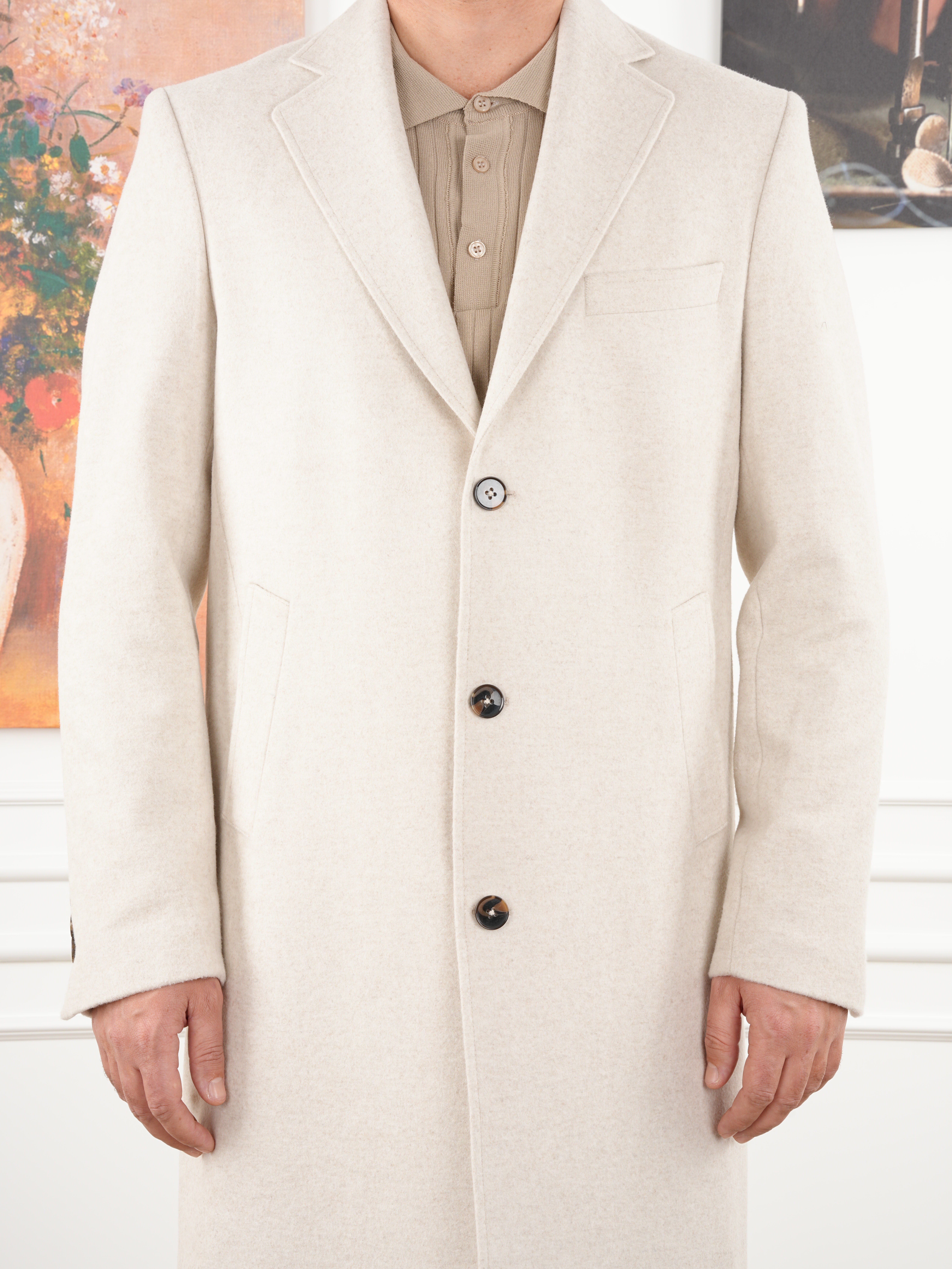 Erkek Premium İtalyan Stil Slim Fit Mono Yaka Kaşe Kaban - Bej