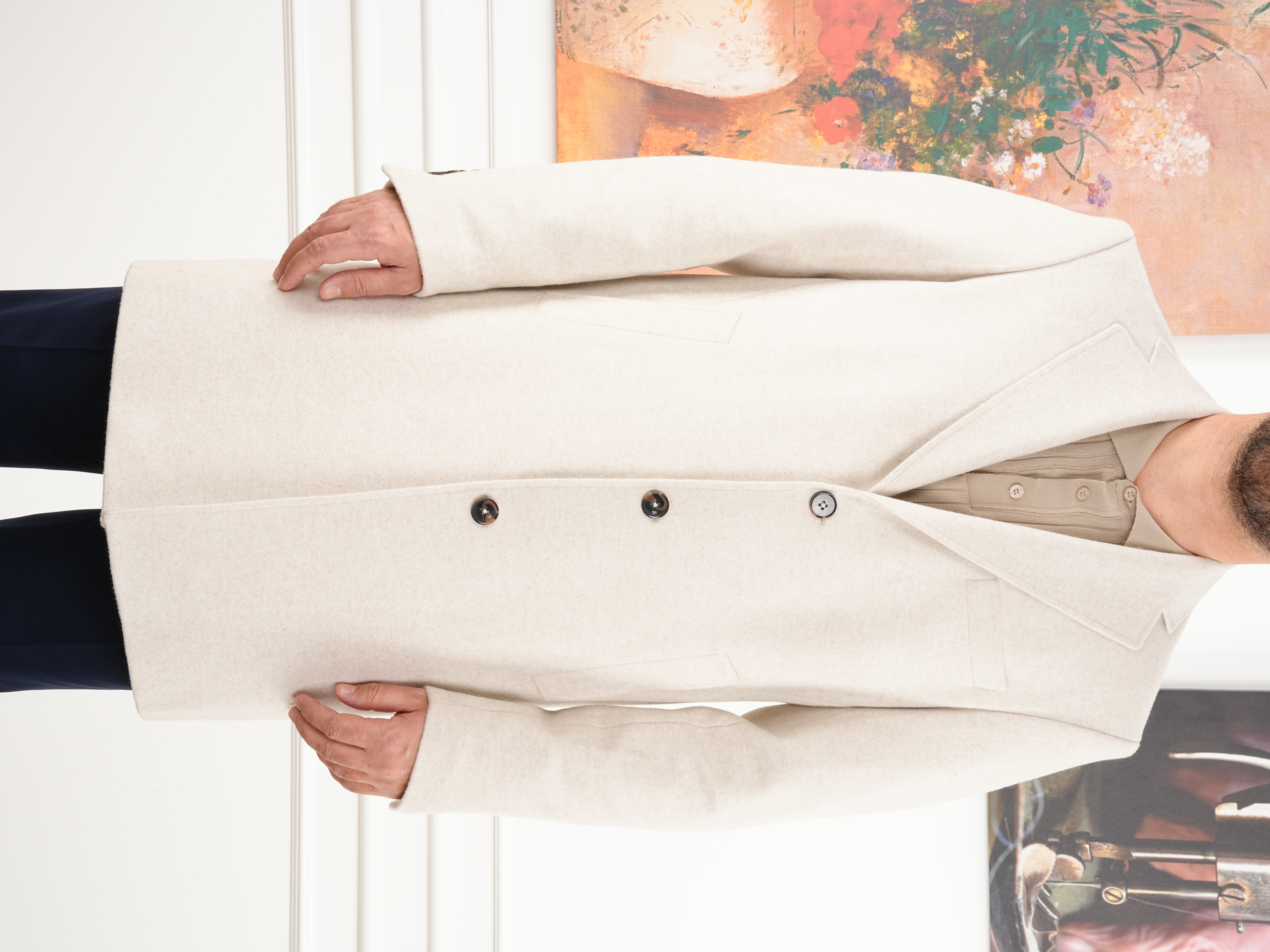 Erkek Premium İtalyan Stil Slim Fit Mono Yaka Kaşe Kaban - Bej