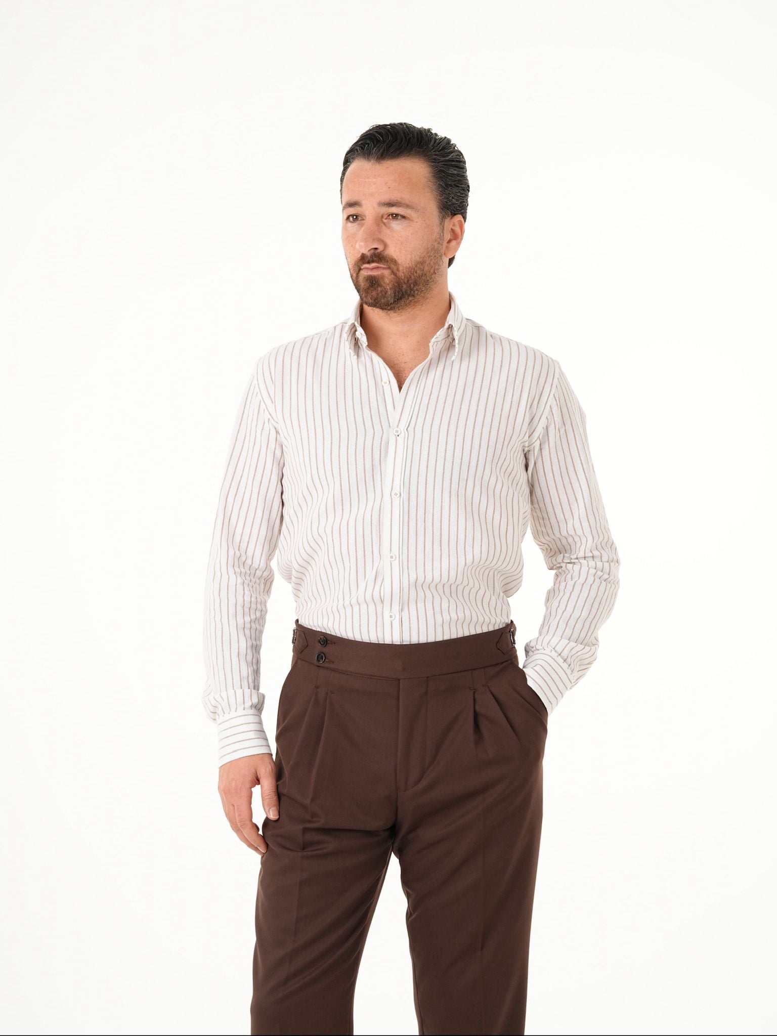 Erkek Premium Regular Fit Çizgili Keten Gömlek - Kahve