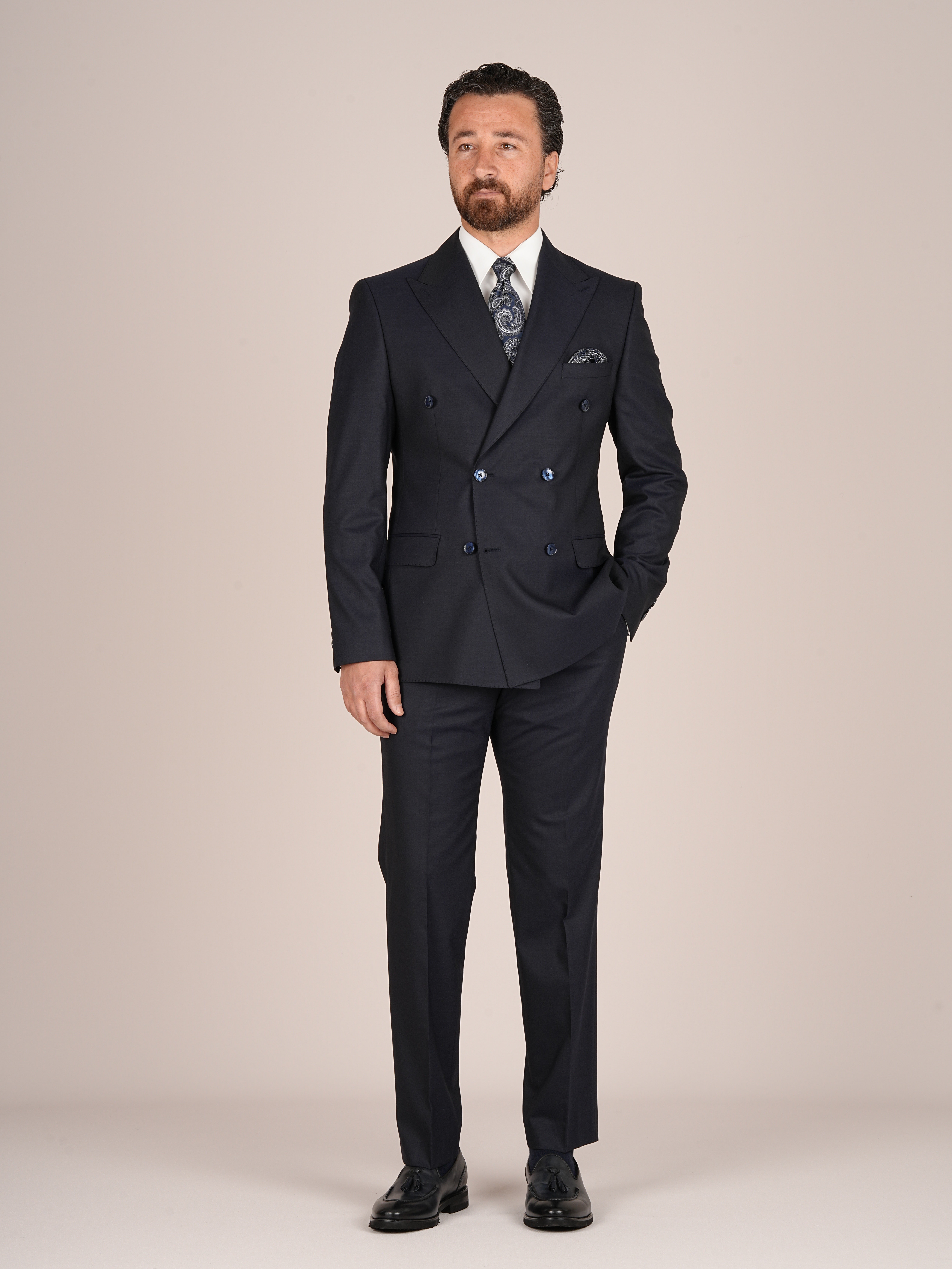 Erkek Slim Fit İtalyan Stil Kruvaze Takım Elbise Ceket Pantolon - Lacivert