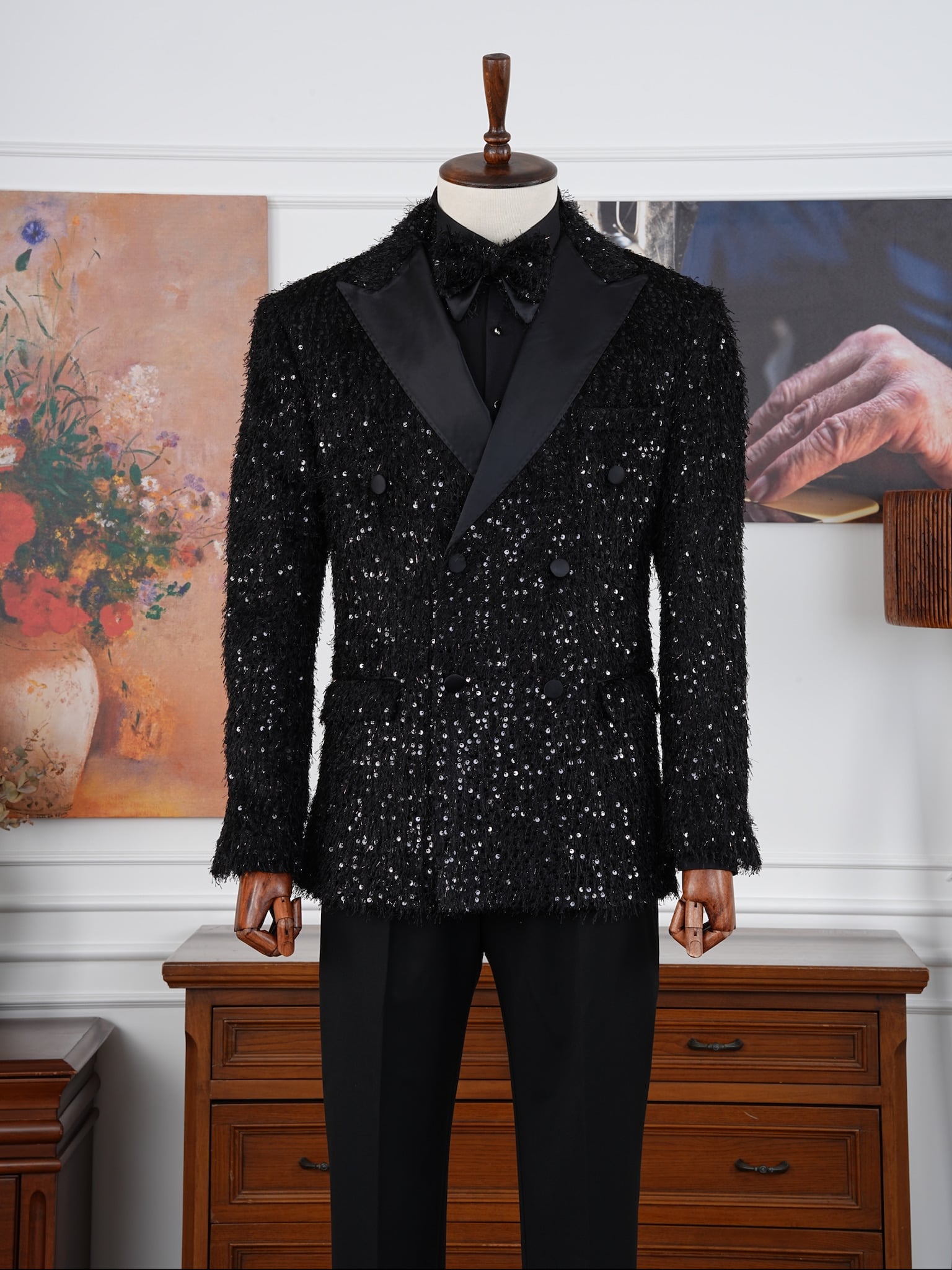 Erkek Slim Fit İtalyan Stil Kruvaze Smokin Damatlık Ceket Pantolon - Siyah