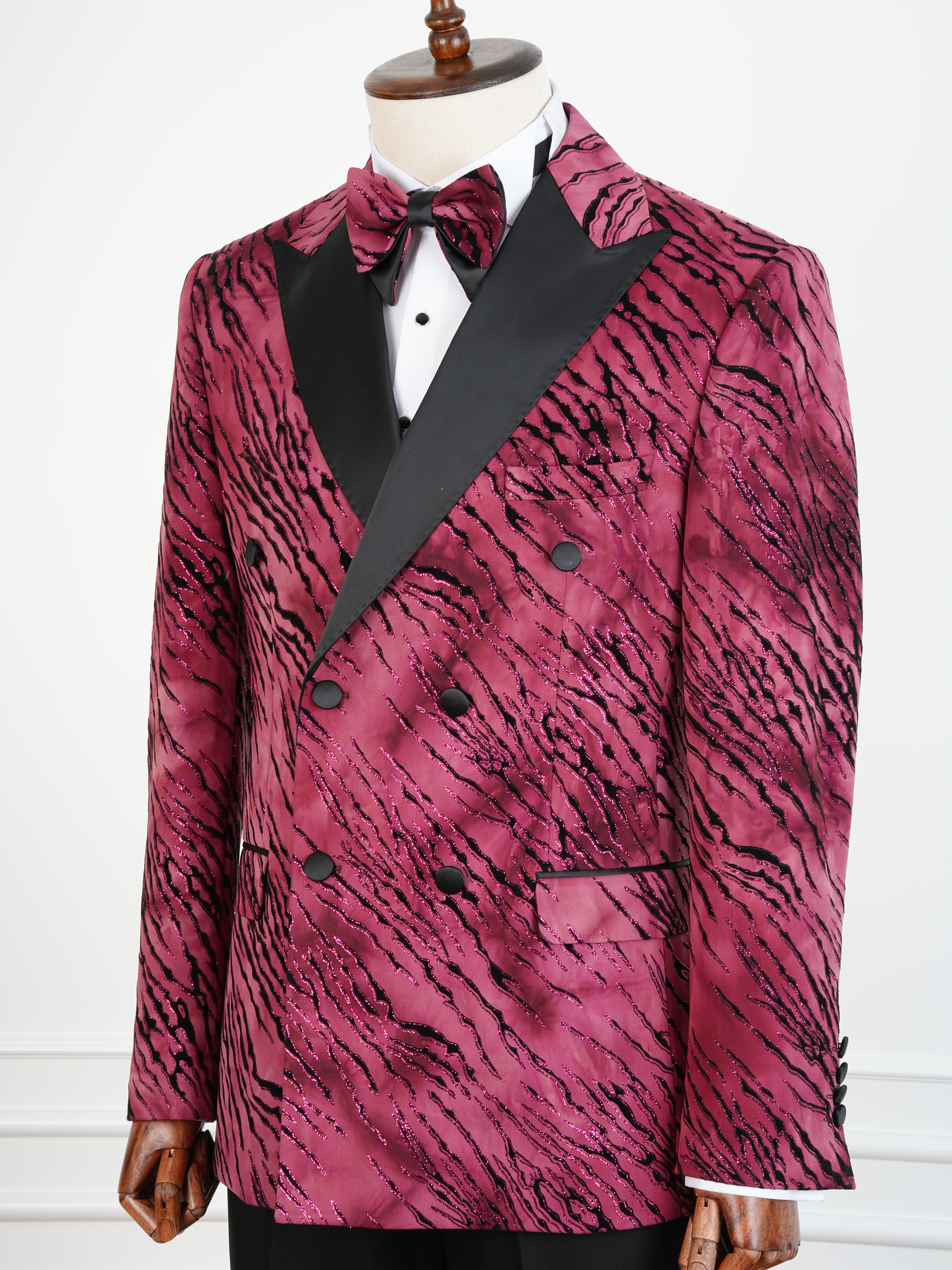 Erkek Slim Fit İtalyan Stil Desenli Damatlık Smokin - Bordo