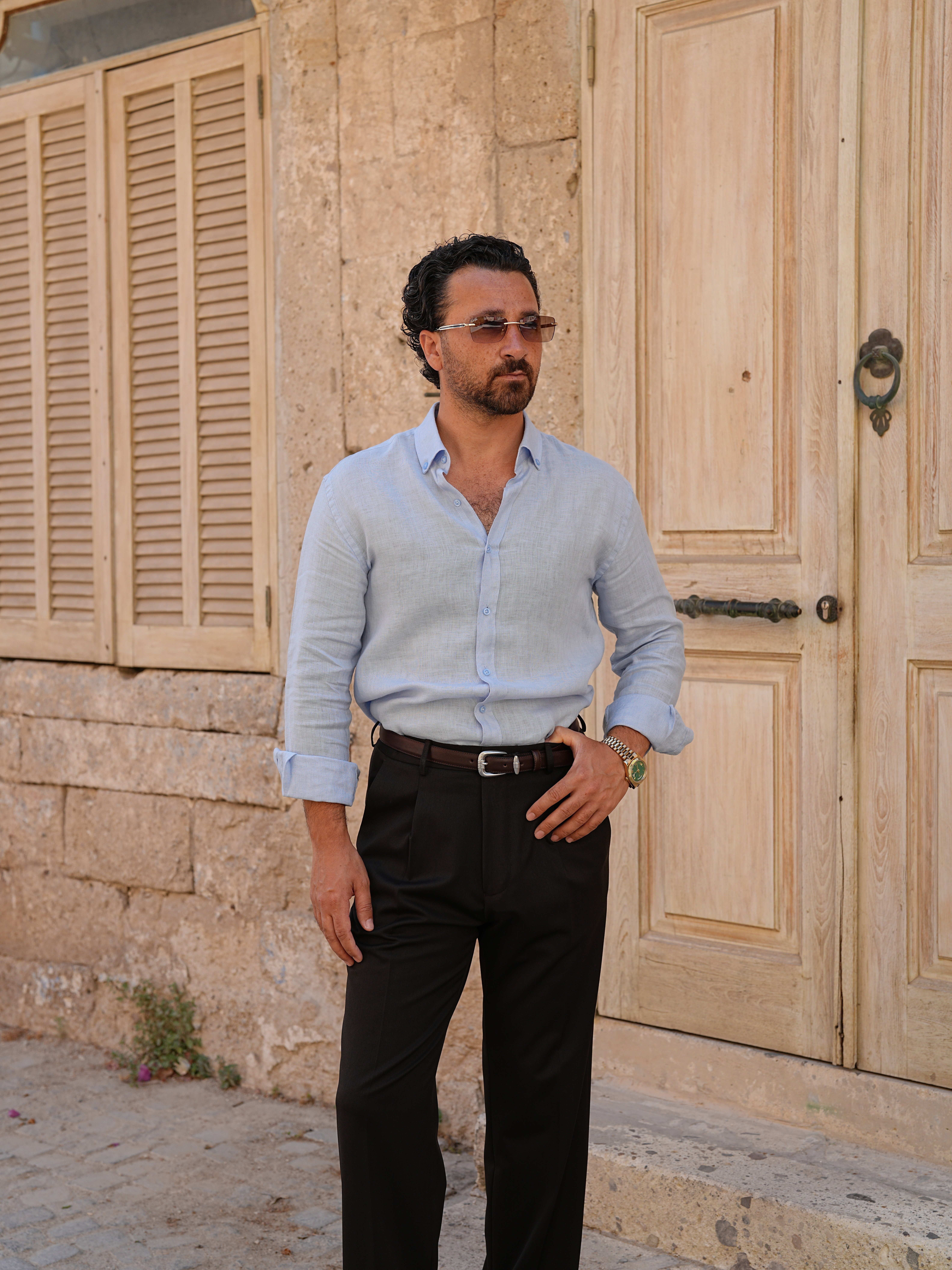 PAREZ Keten Gömlek Modern Fit Yaka Düğmeli - Buz Mavisi