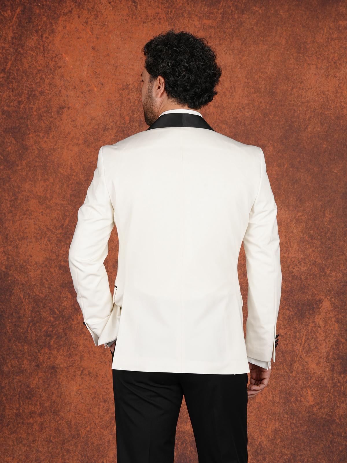 Erkek Premium Slim Fit İtalyan Stil Şal Yaka Gümüş Düğme Damatlık Smokin Ceket Pantolon Papyon - Beyaz