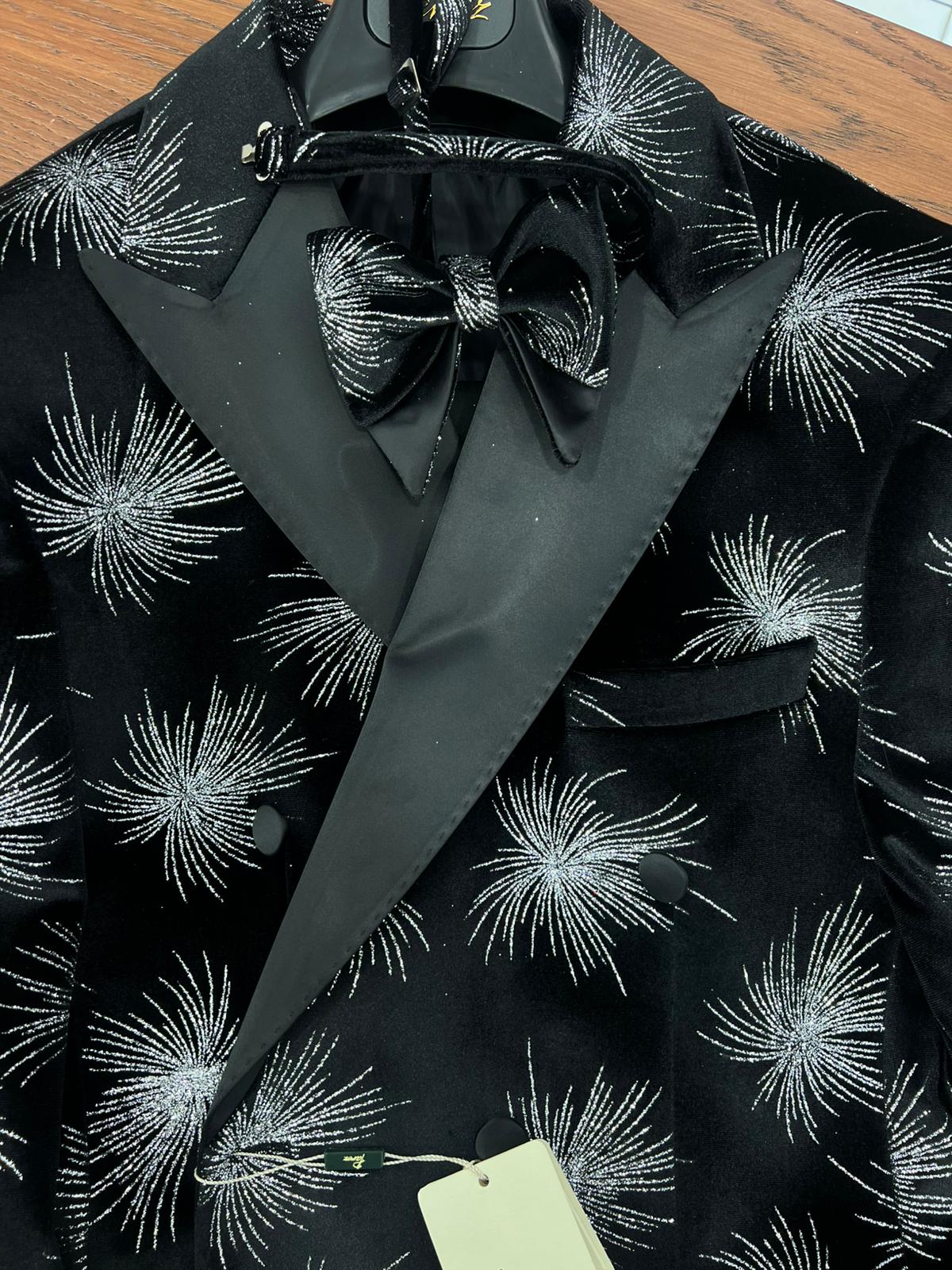 Premium Erkek Slim Fit İtalyan Stil Desenli Damatlık Smokin - Siyah