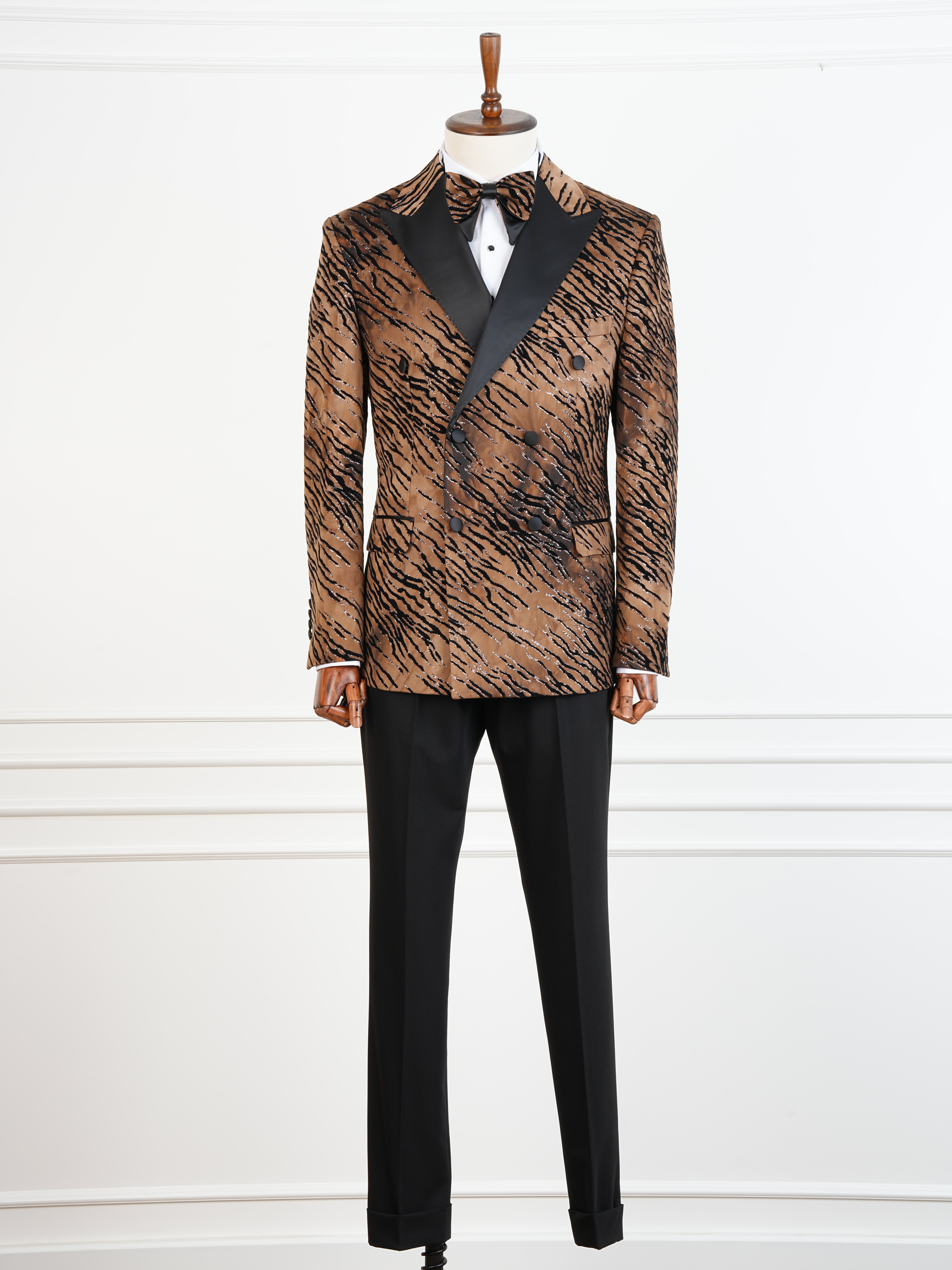 Erkek Slim Fit İtalyan Stil Desenli Damatlık Smokin - Kahve