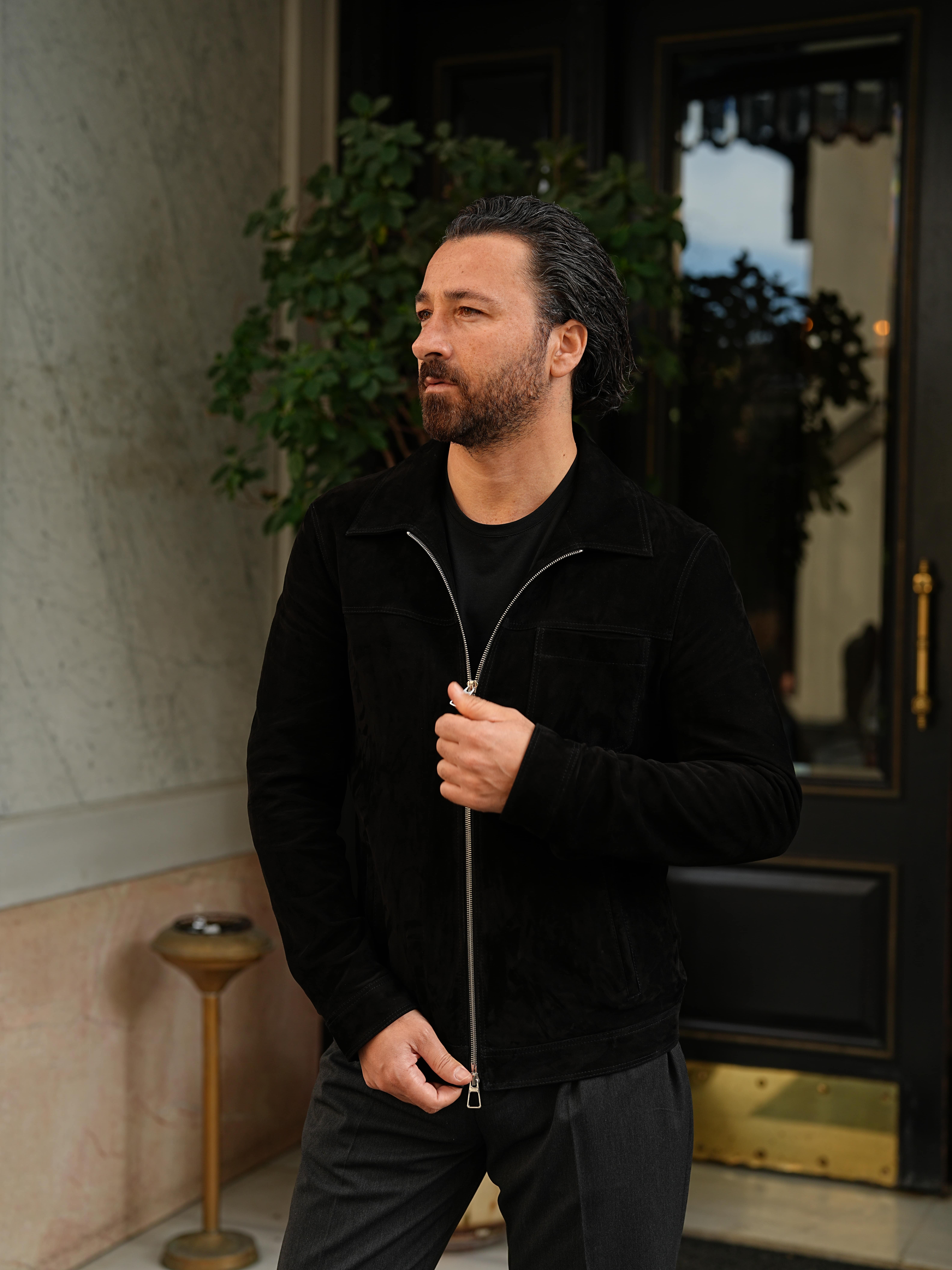 Erkek Slim Fit Fermuarlı Hakiki Deri Mont Ceket - Siyah