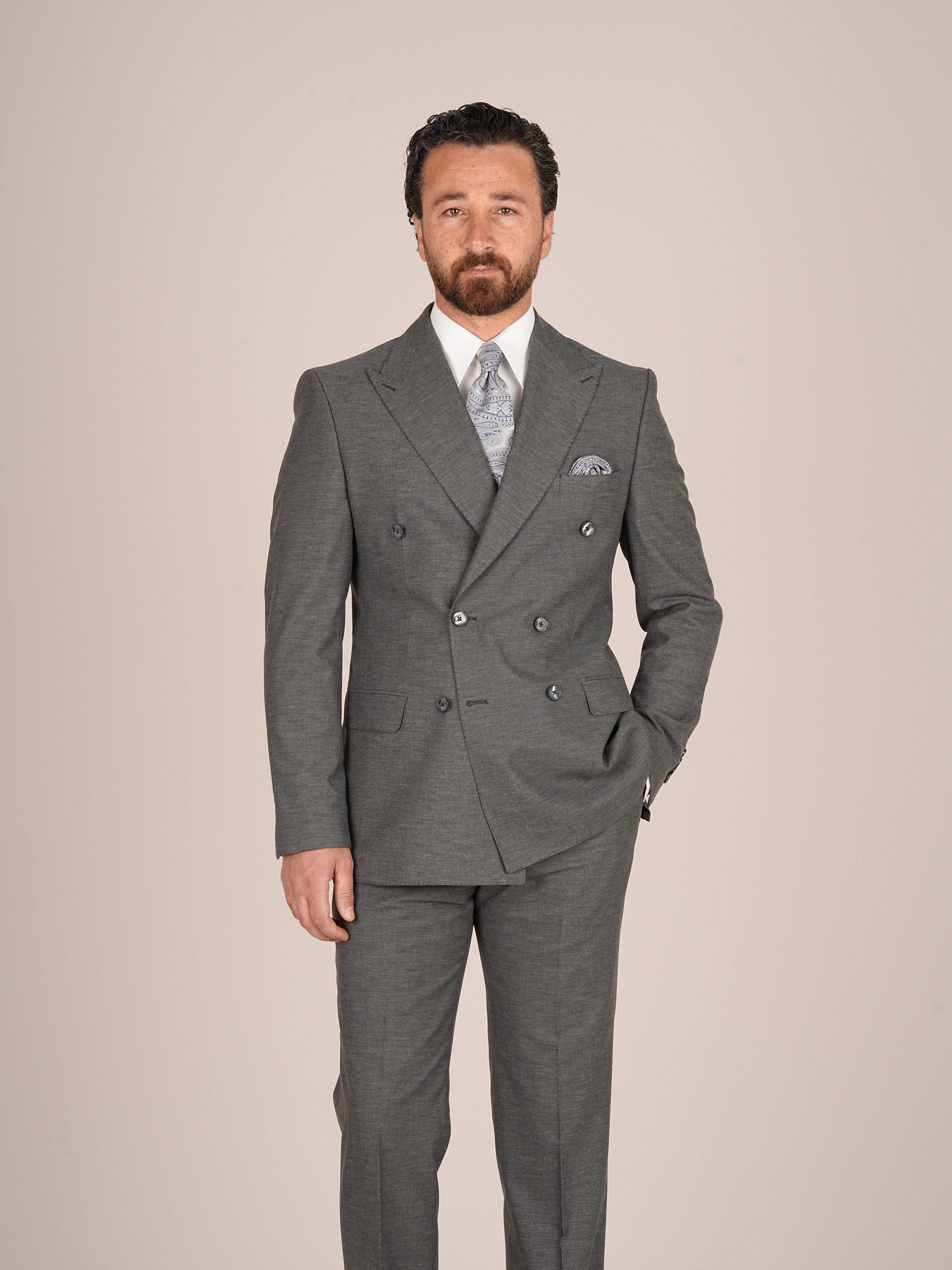 Erkek Slim Fit İtalyan Stil Kruvaze Takım Elbise Ceket Pantolon - Gri