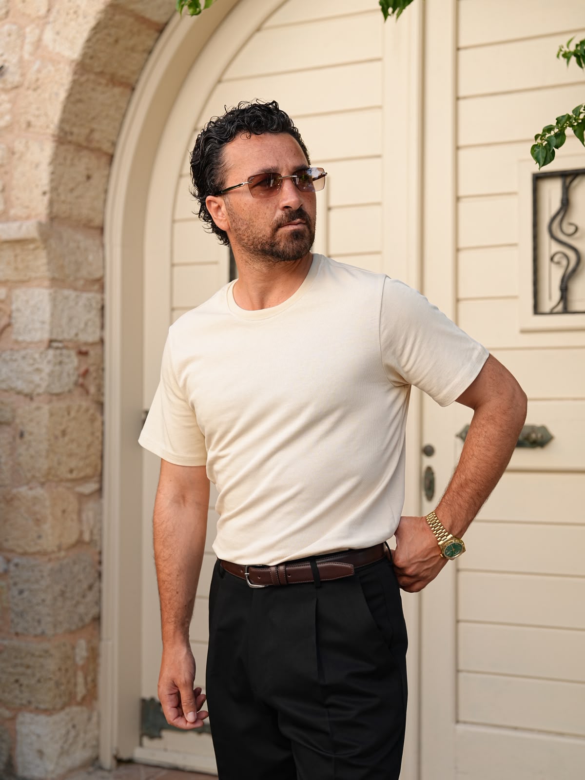 Erkek Beyaz Pamuk Slim Fit Dar Kesim Bisiklet Yaka Basic Tişört - Bej