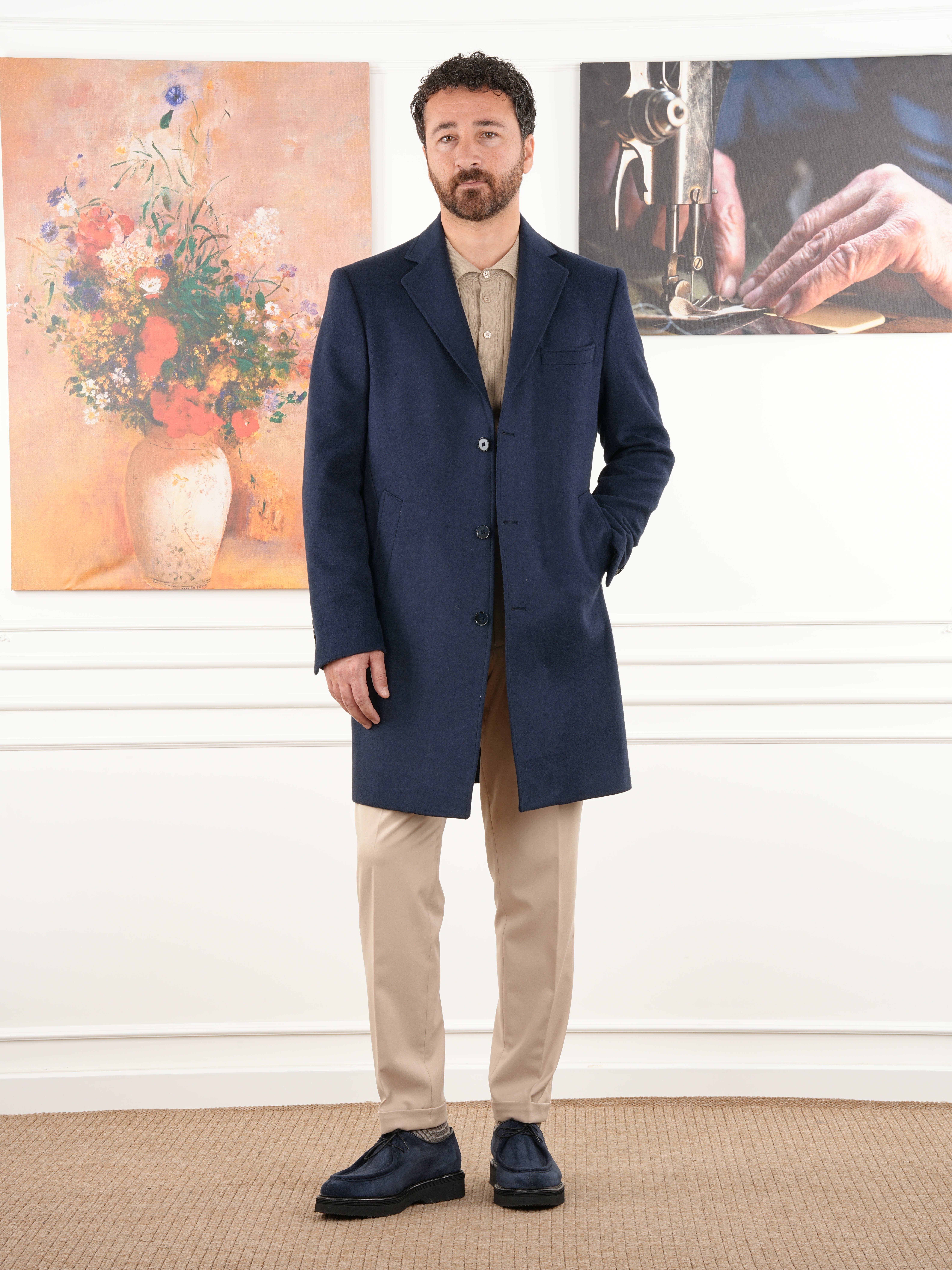 Erkek Premium İtalyan Stil Slim Fit Mono Yaka Kaşe Kaban - Lacivert