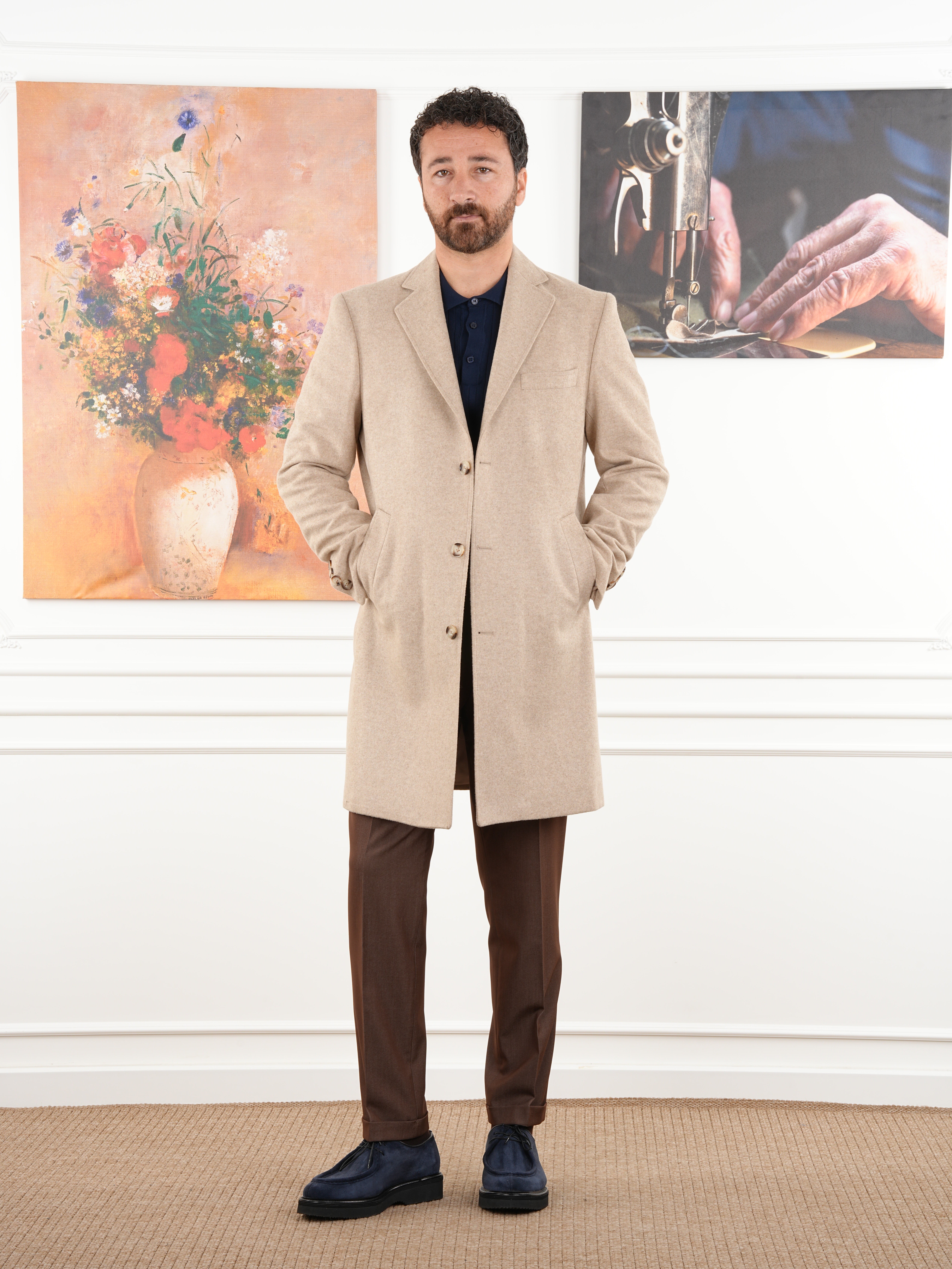 Erkek Premium İtalyan Stil Slim Fit Mono Yaka Kaşe Kaban - Krem