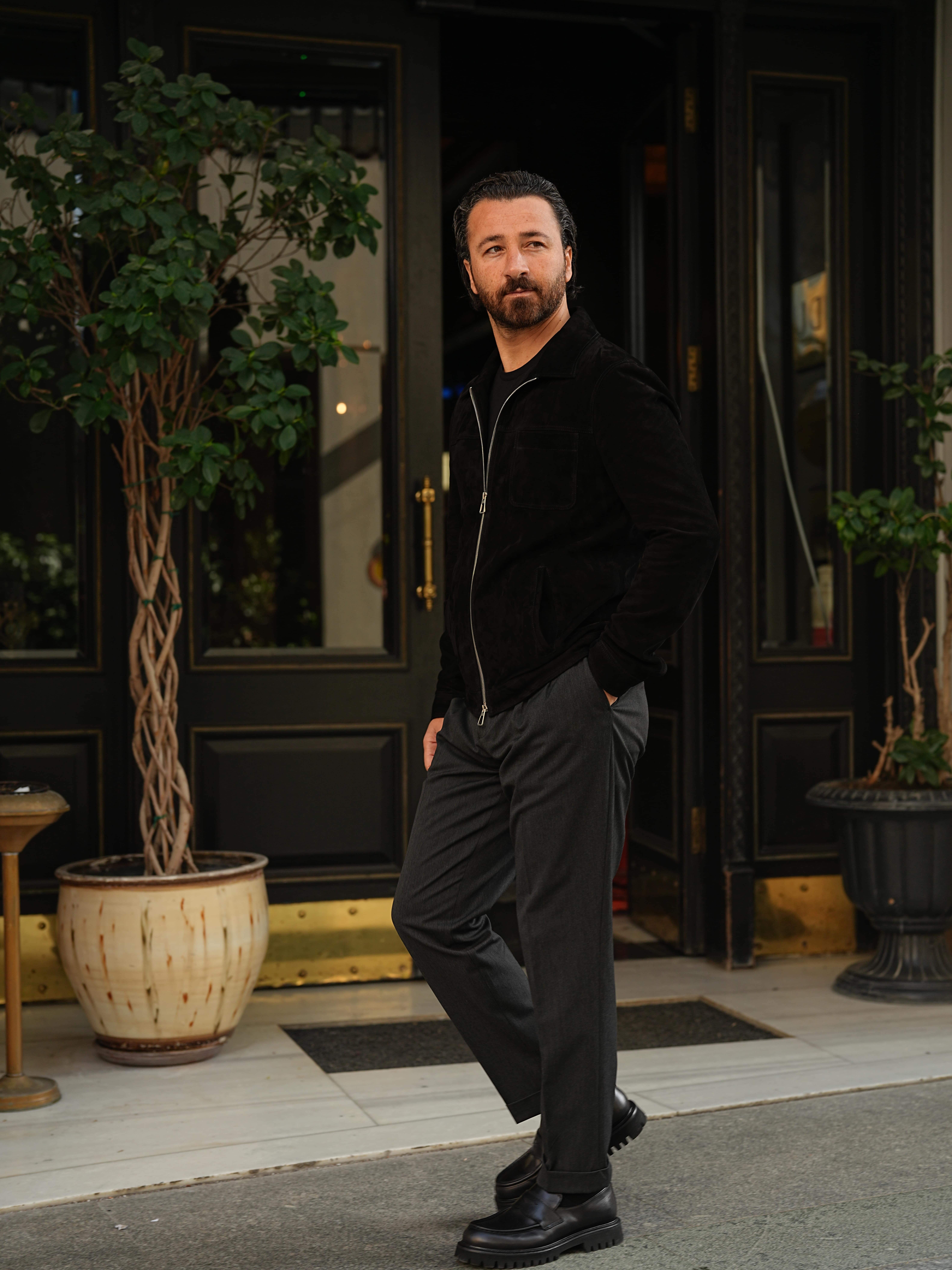 Erkek Slim Fit Fermuarlı Hakiki Deri Mont Ceket - Siyah