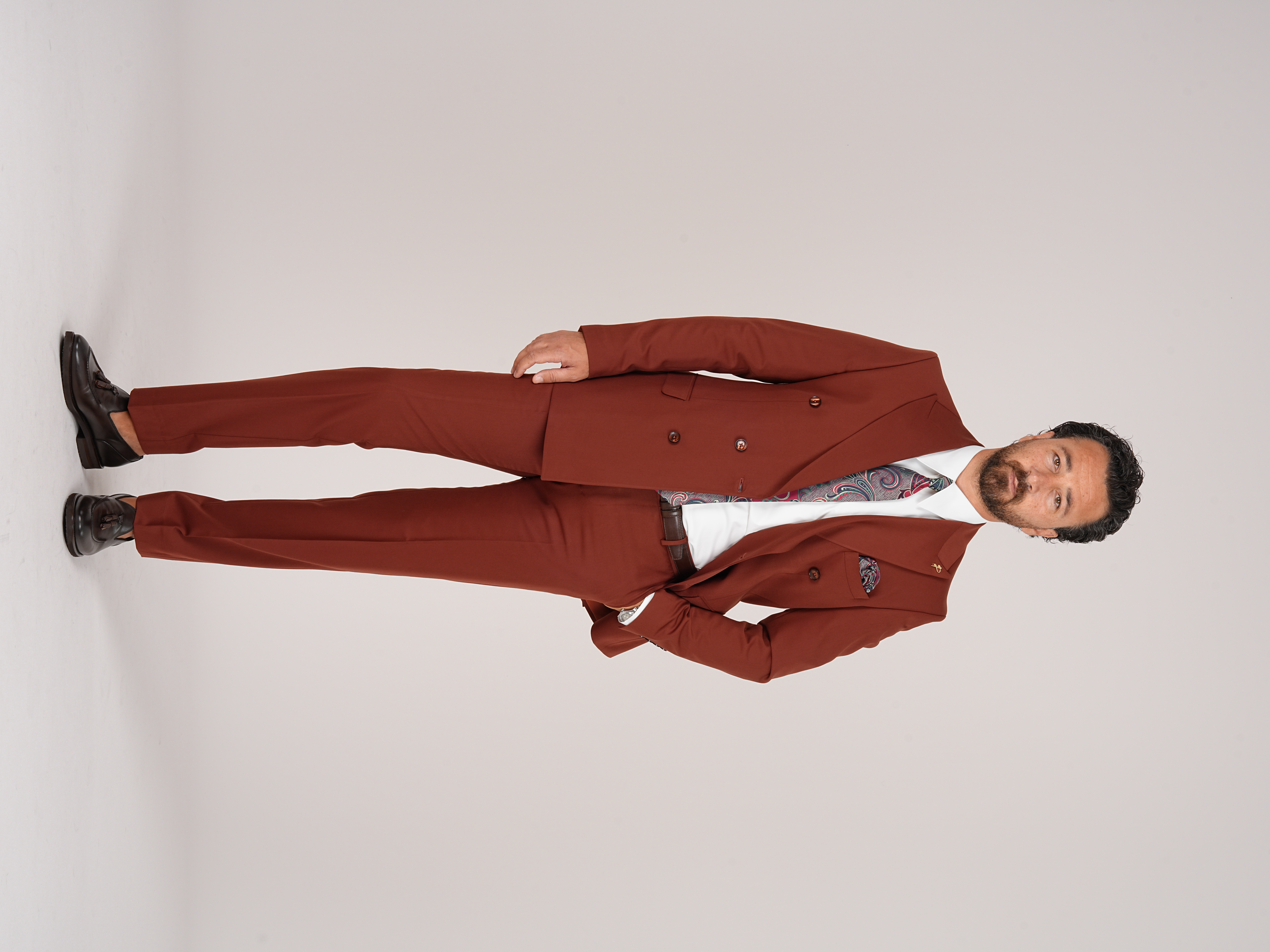 Premium Mens Double-Breasted italian Slim-Fit Suit Jacket & Trousers - Terracotta