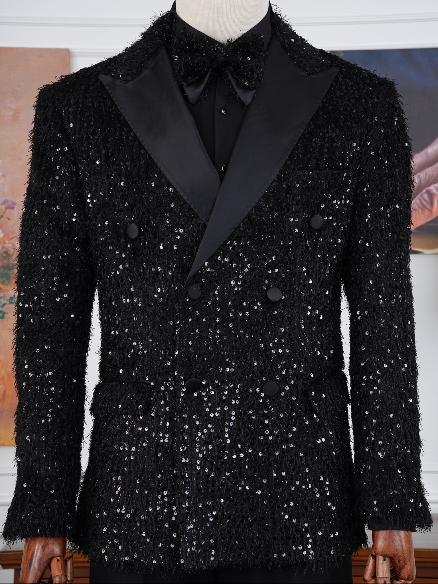 Erkek Slim Fit İtalyan Stil Kruvaze Smokin Damatlık Ceket Pantolon - Siyah