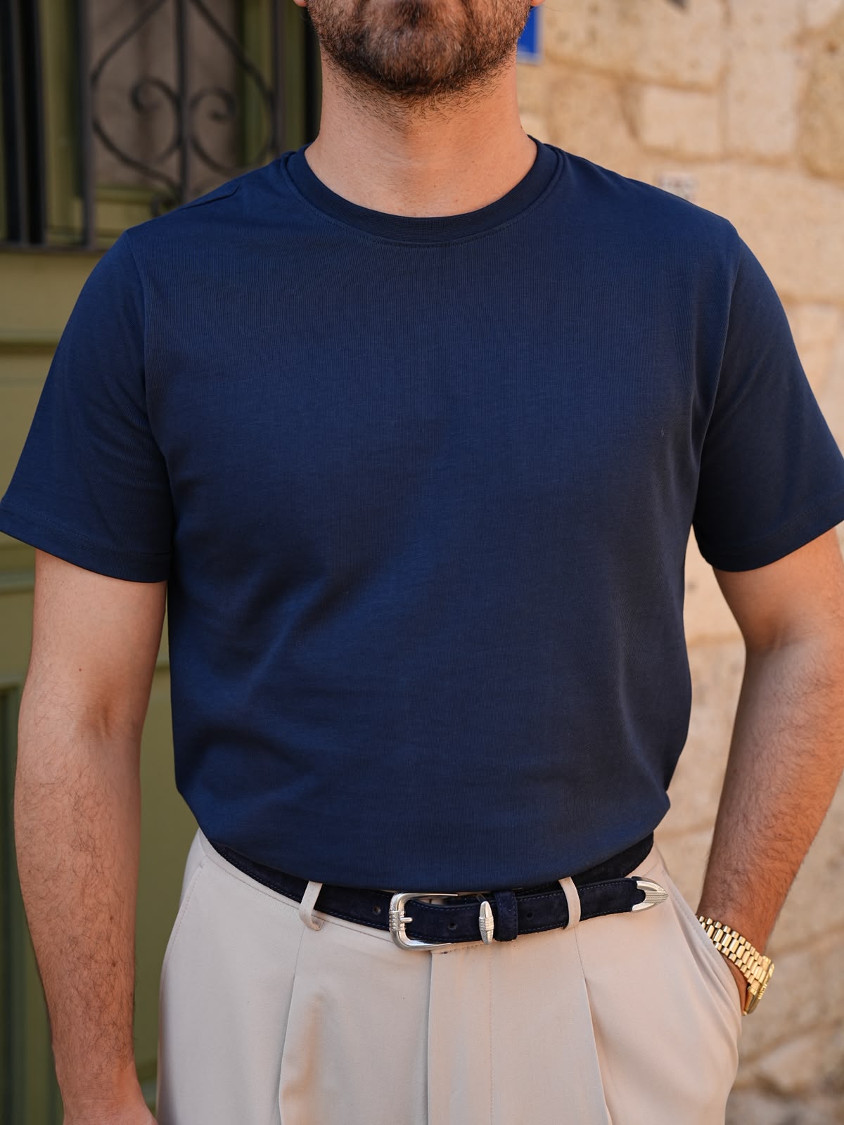 Erkek Beyaz Pamuk Slim Fit Dar Kesim Bisiklet Yaka Basic Tişört - Lacivert