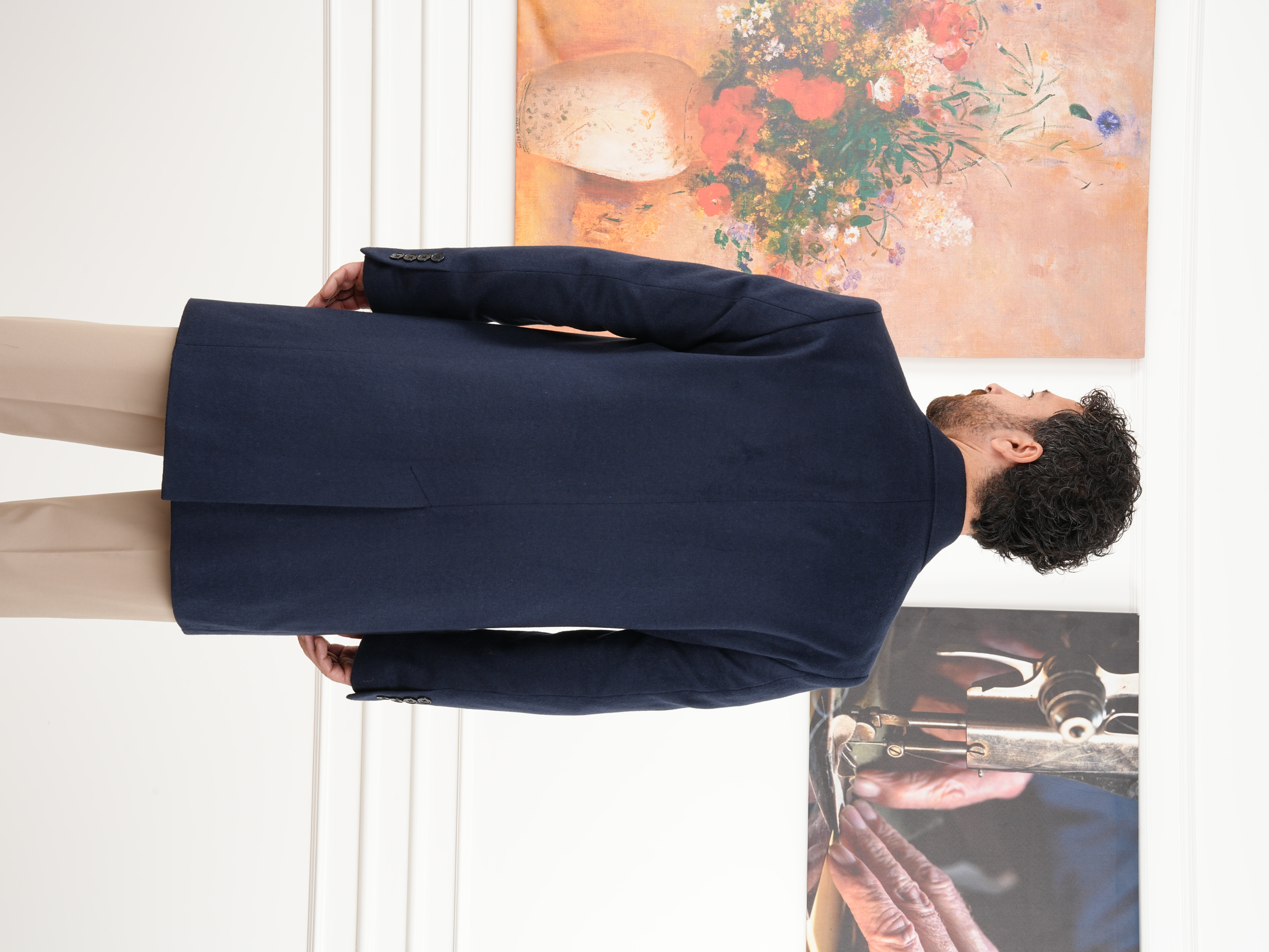 Erkek Premium İtalyan Stil Slim Fit Mono Yaka Kaşe Kaban - Lacivert