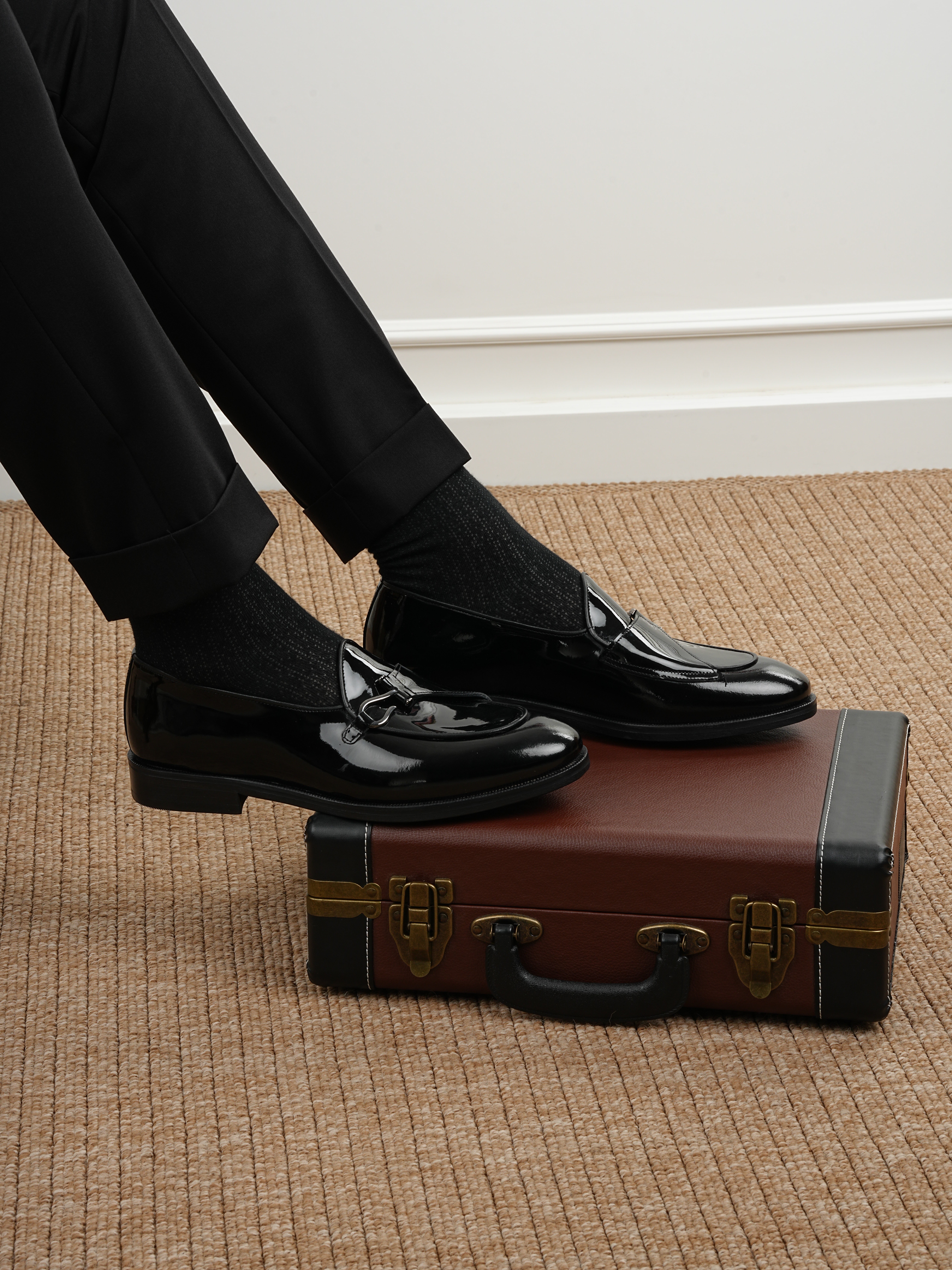 Mens Premium Leather Patent Leather Calfskin Inner Lining Double Leather Shoes - Black Patent Leather