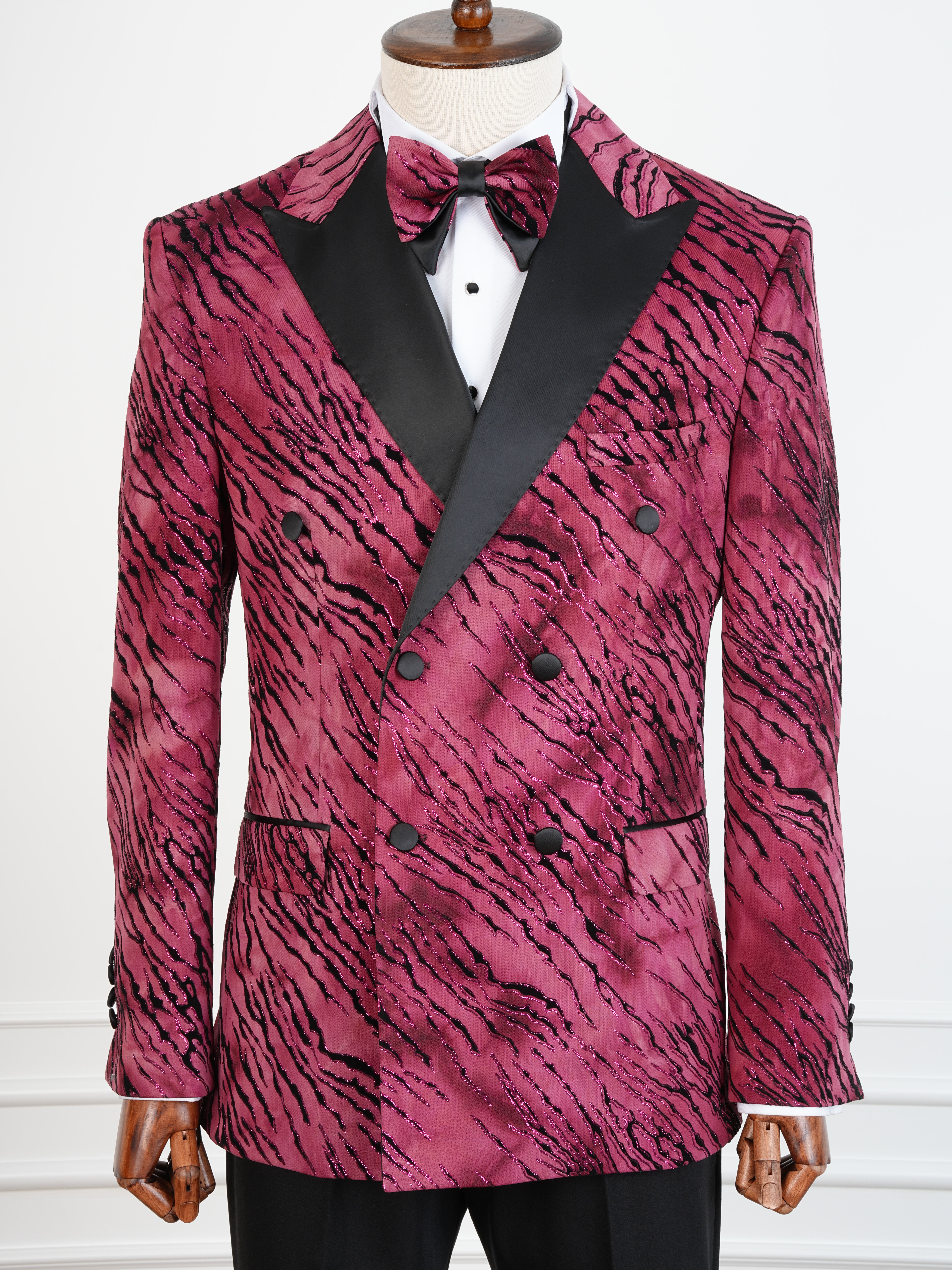 Erkek Slim Fit İtalyan Stil Desenli Damatlık Smokin - Bordo