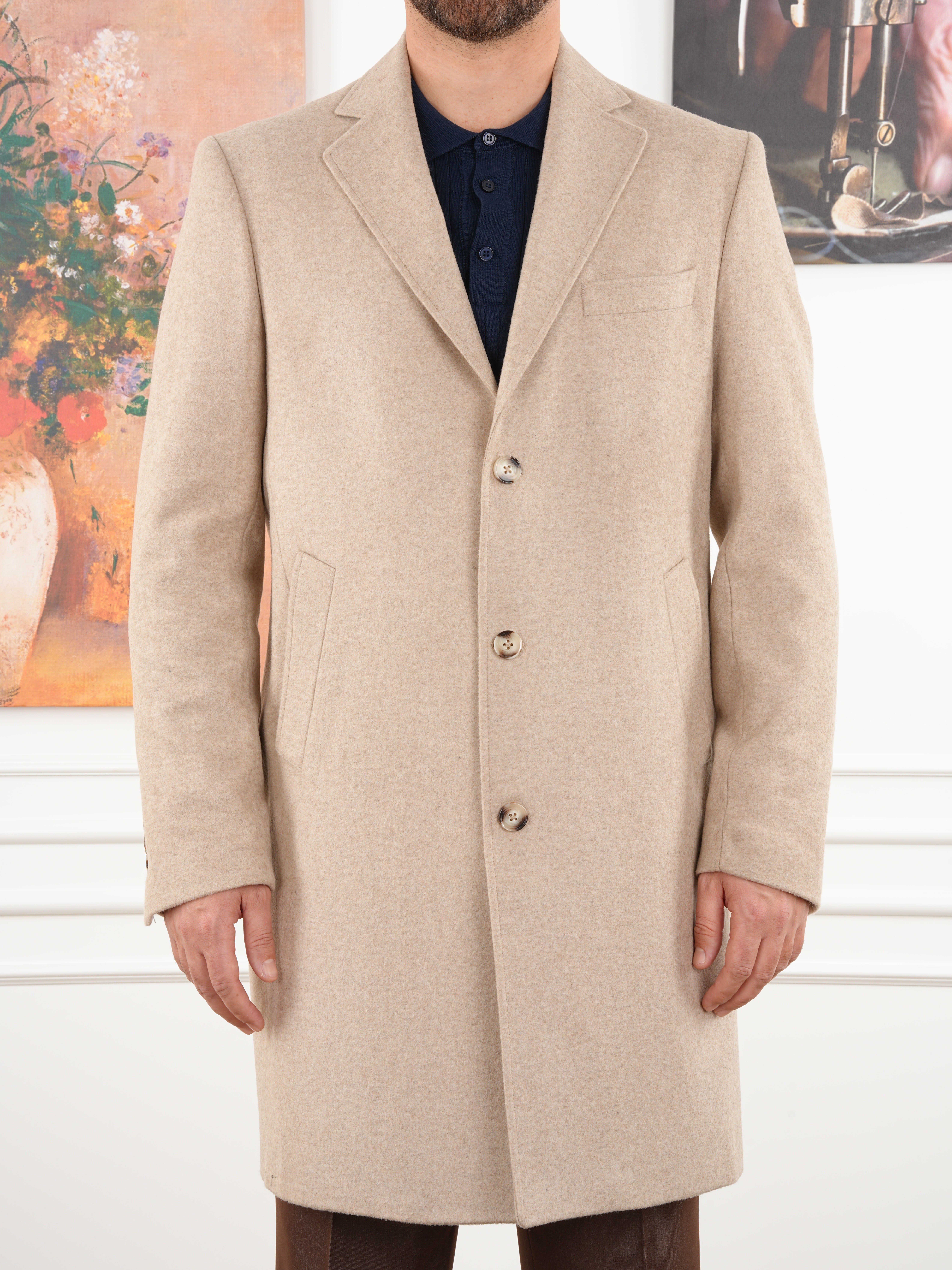 Erkek Premium İtalyan Stil Slim Fit Mono Yaka Kaşe Kaban - Krem