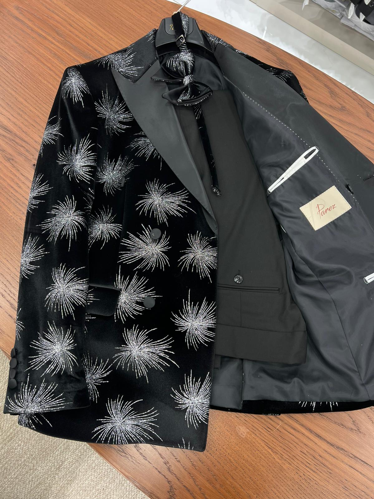 Premium Erkek Slim Fit İtalyan Stil Desenli Damatlık Smokin - Siyah