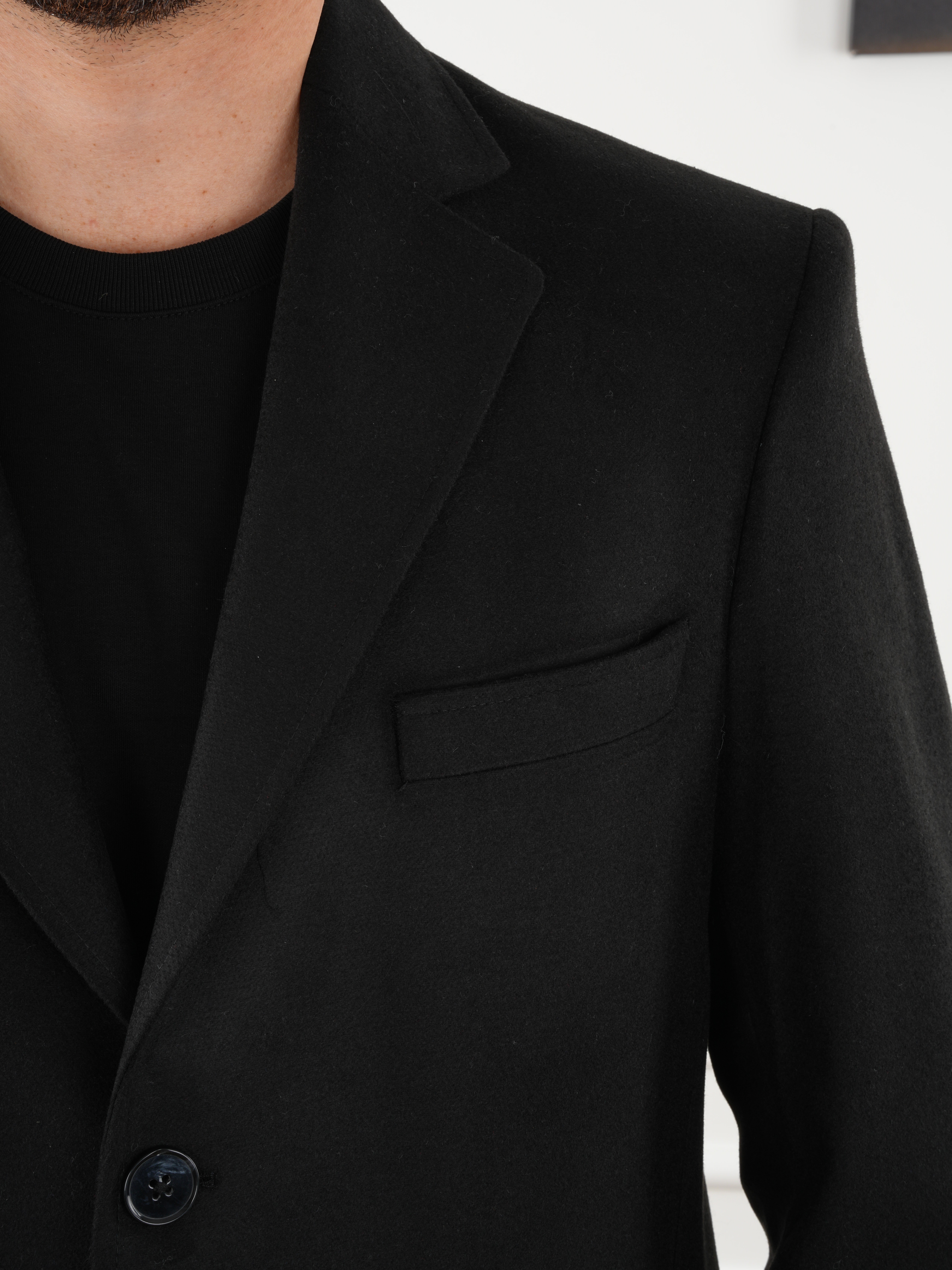 Erkek Premium İtalyan Stil Slim Fit Mono Yaka Kaşe Kaban - Siyah