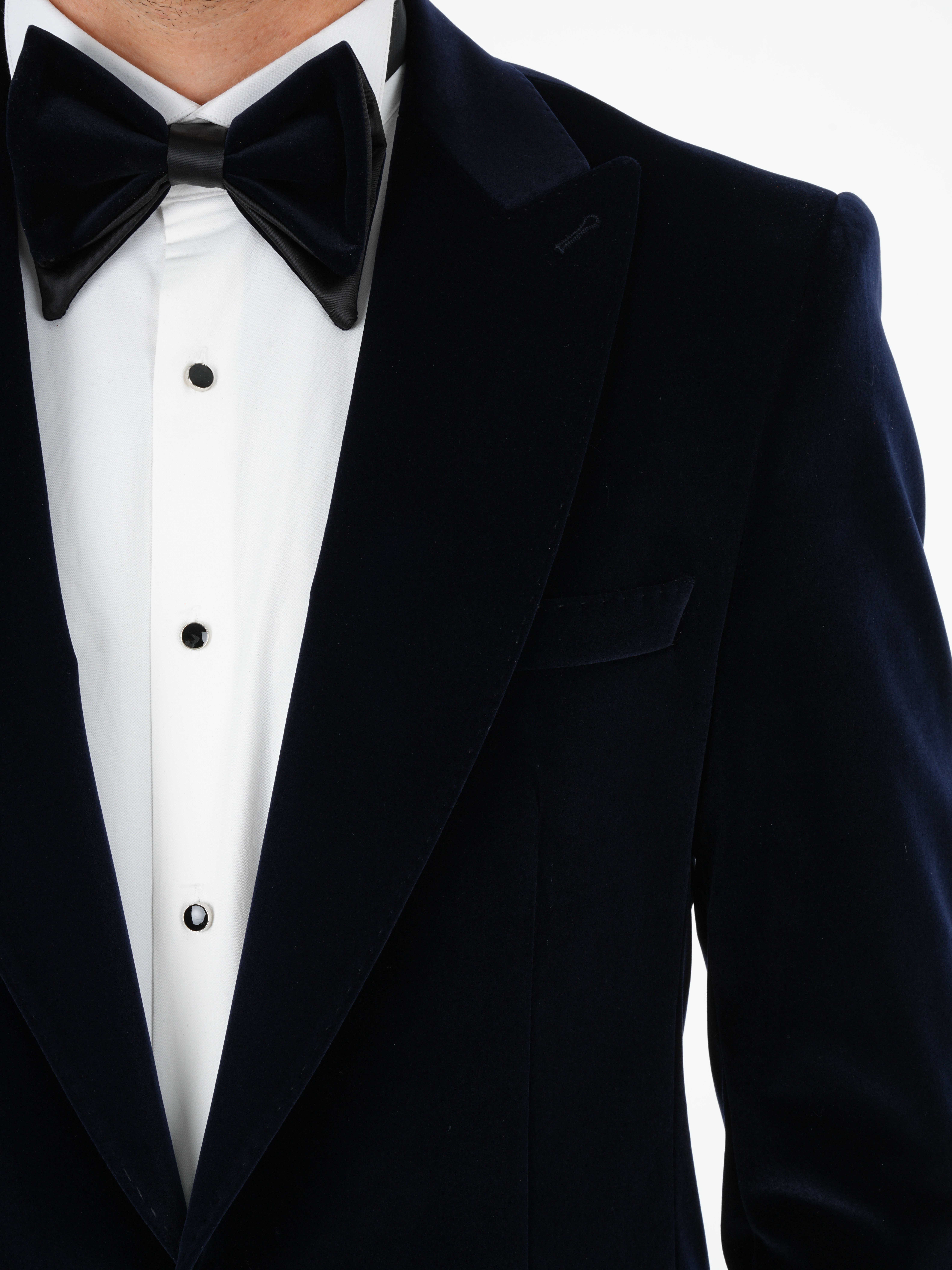 Premium Erkek Kadife Smokin Damatlık Gold Düğme Punto Dikişli Ceket Pantolon Papyon - Lacivert