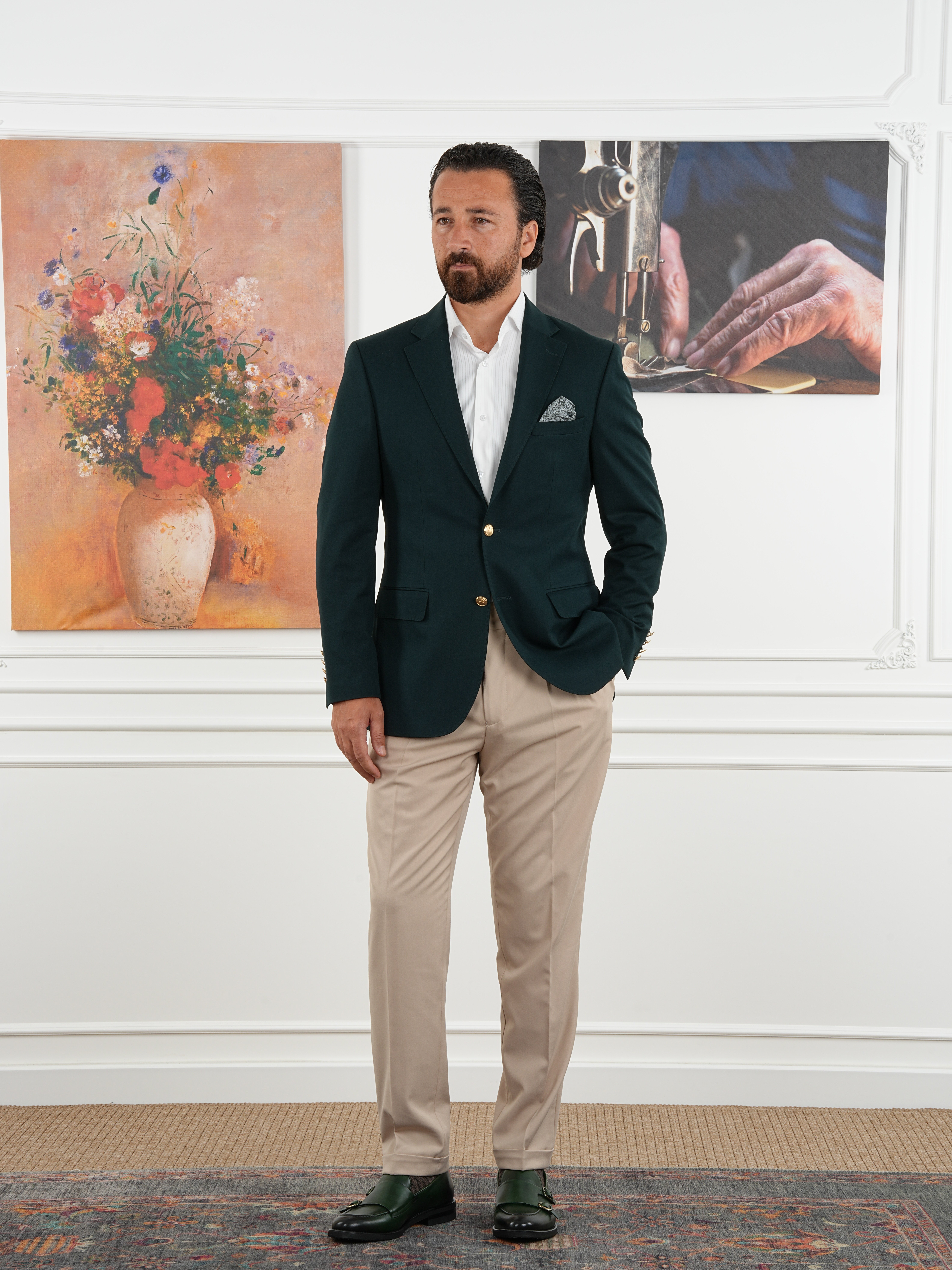 Premium İtalyan Stil Slim Fit Erkek Punto Dikişli Yarım Astarlı Ceket - Yeşil