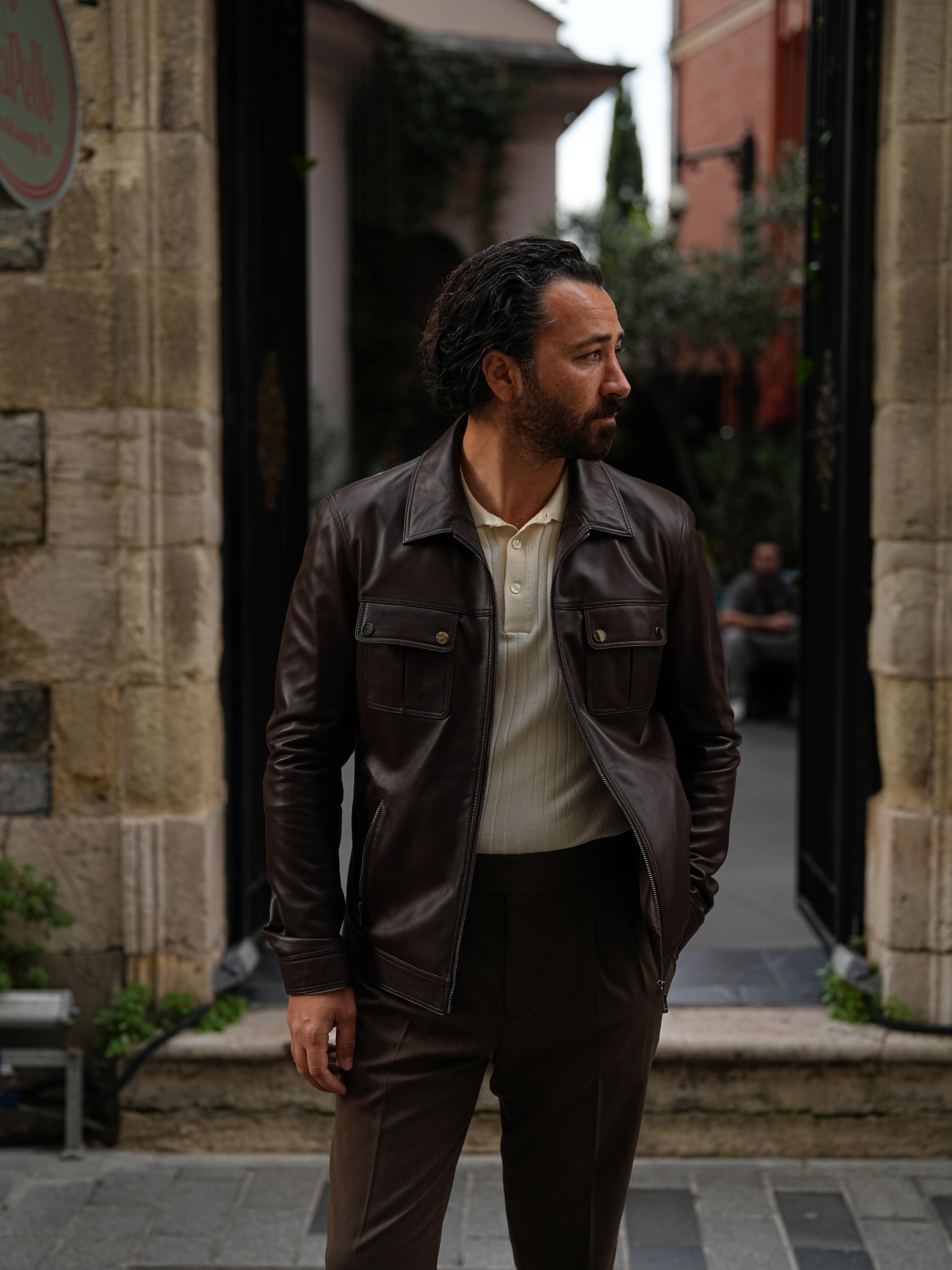 Erkek Slim Fit Fermuarlı Hakiki Naturel Deri Mont Ceket - Kahve