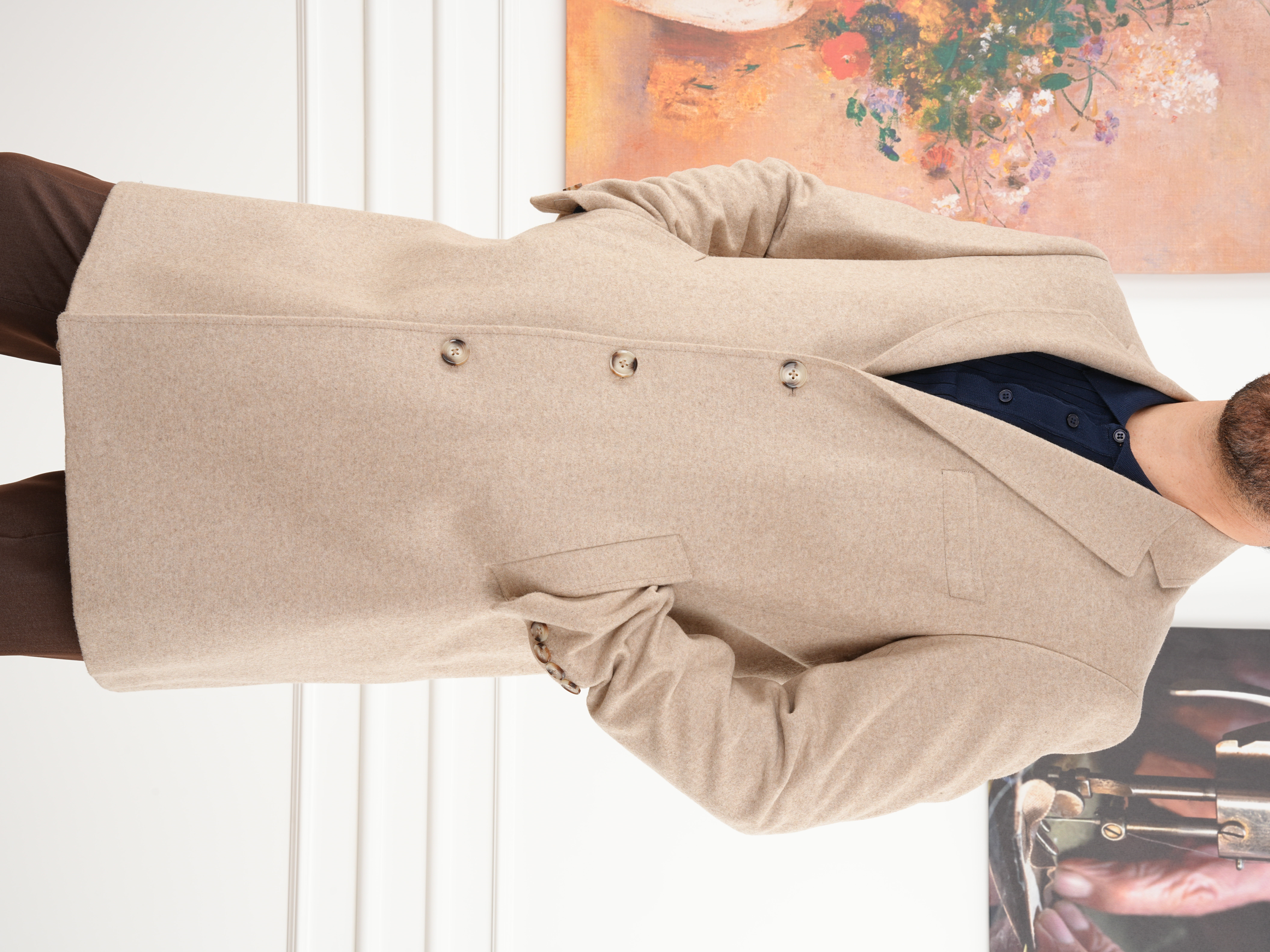 Erkek Premium İtalyan Stil Slim Fit Mono Yaka Kaşe Kaban - Krem