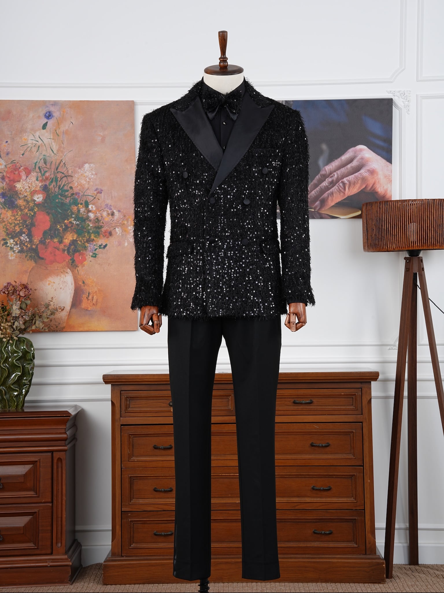 Erkek Slim Fit İtalyan Stil Kruvaze Smokin Damatlık Ceket Pantolon - Siyah