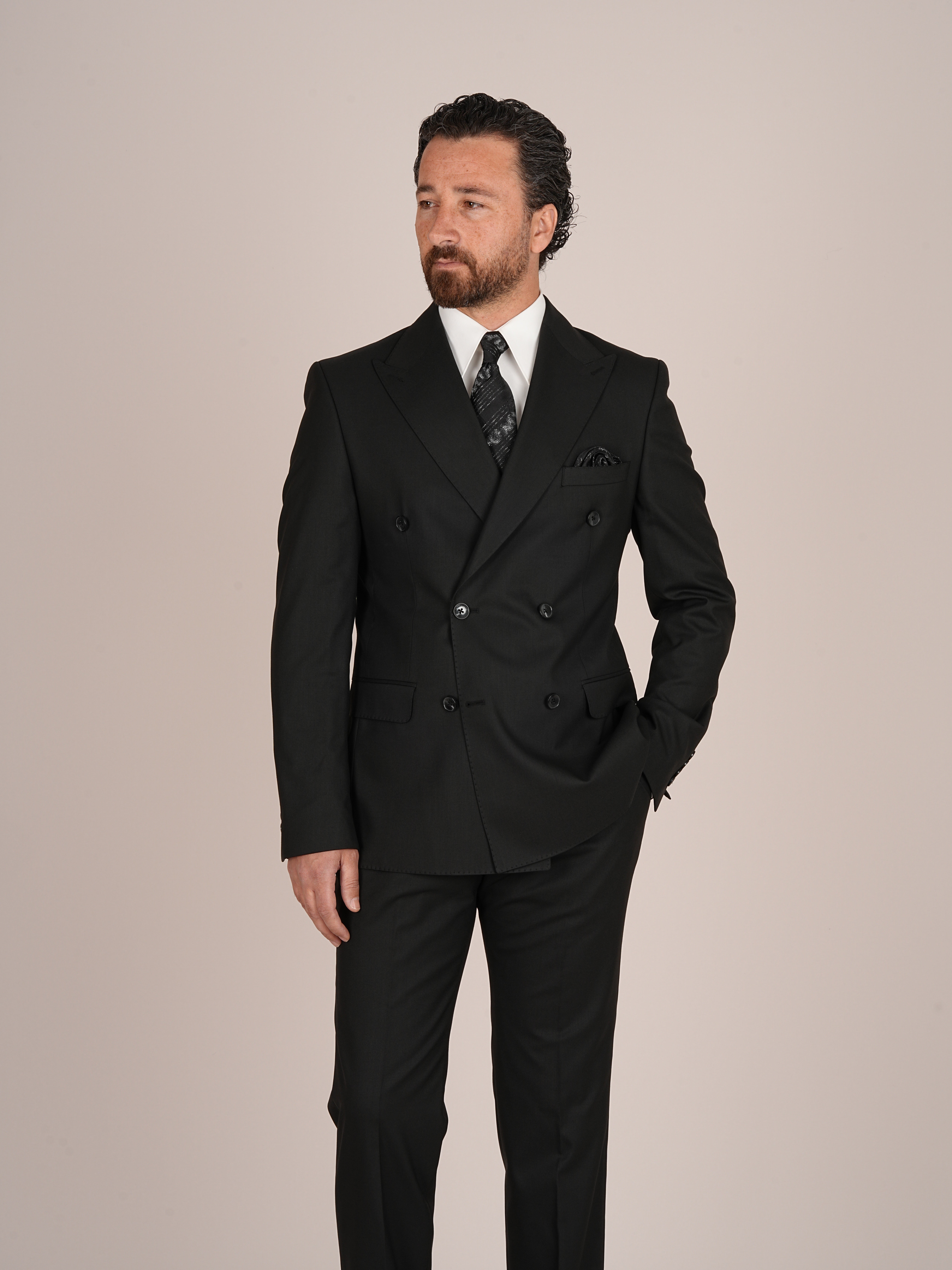 Erkek Slim Fit İtalyan Stil Kruvaze Takım Elbise Ceket Pantolon - Siyah
