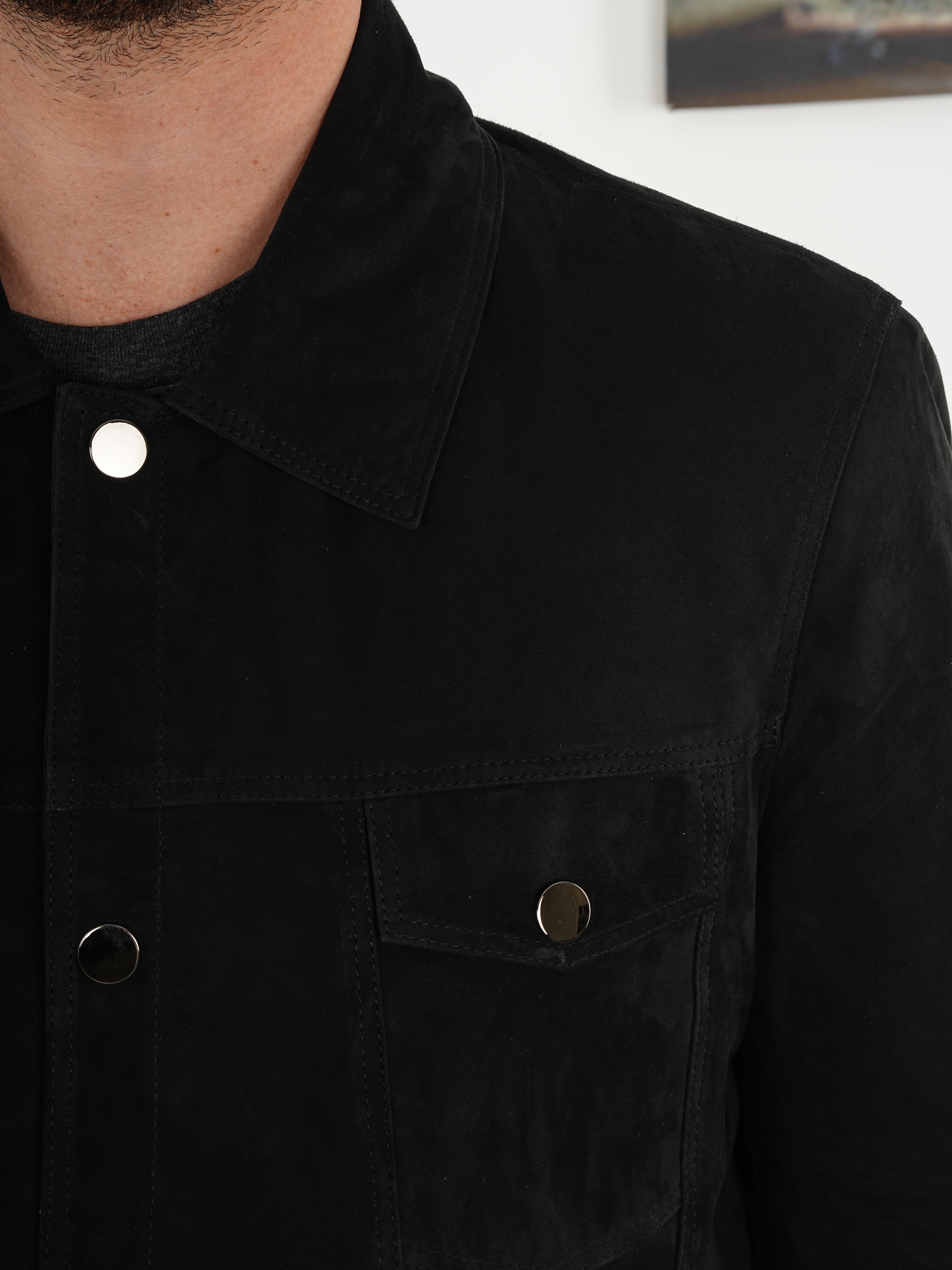 Erkek Slim Fit Çıt Çıtlı Hakiki Süet Deri Mont Ceket - Siyah