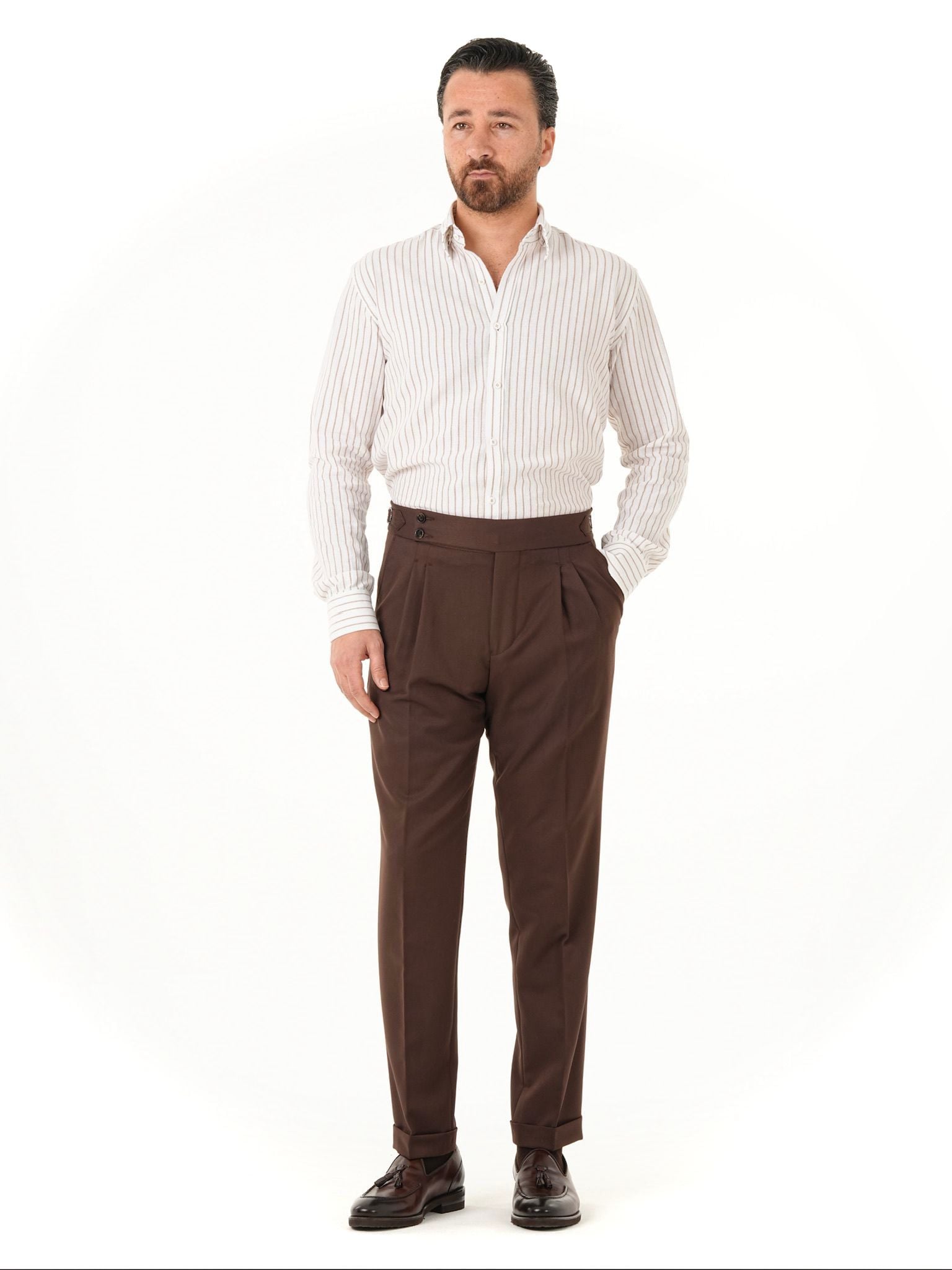 Erkek Regular Fit Yüksek Bel Piliseli Tokalı Kumaş Pantolon - Acı Kahve