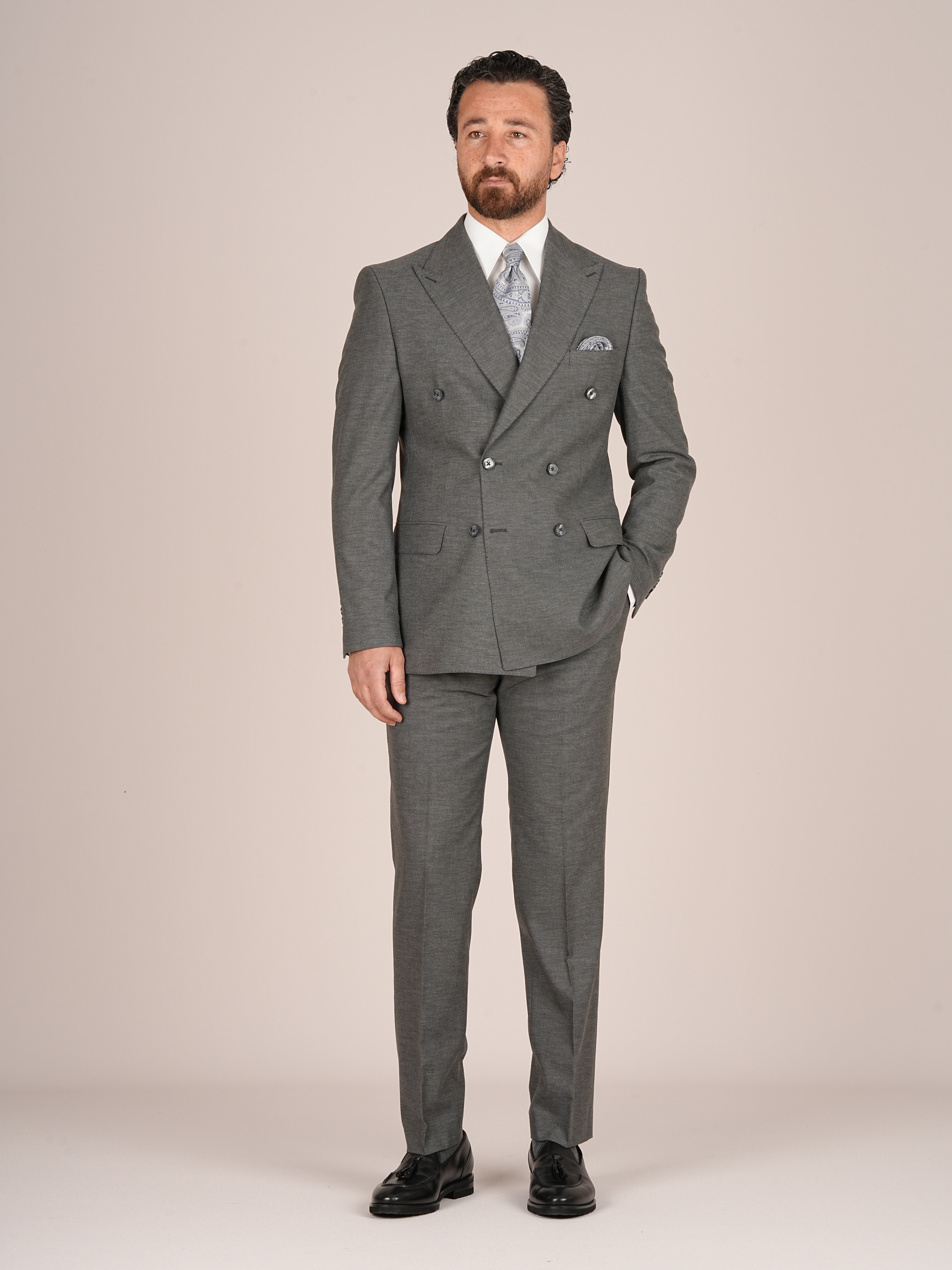 Erkek Slim Fit İtalyan Stil Kruvaze Takım Elbise Ceket Pantolon - Gri