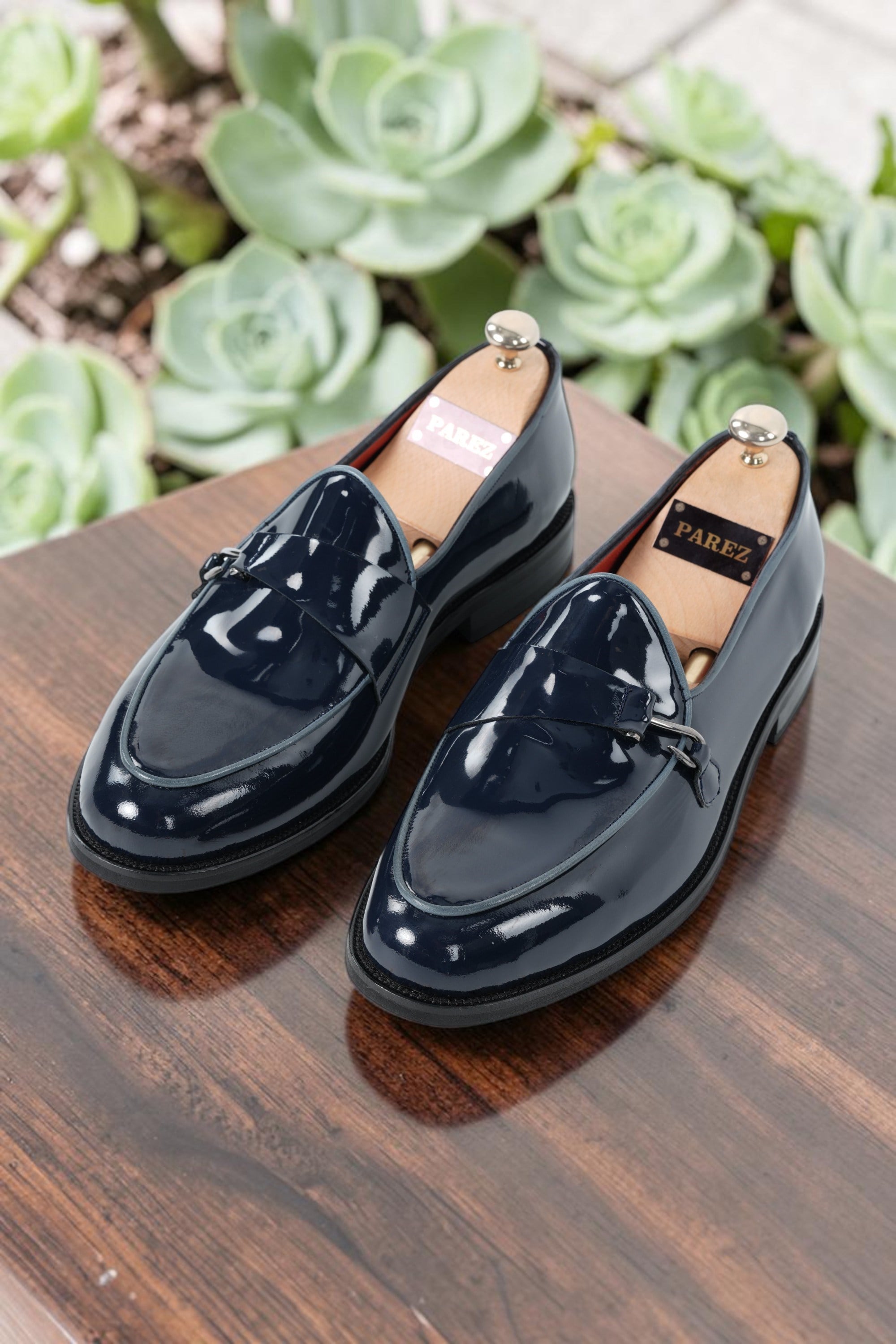 Italian Style Inner Outer Patent Leather Mens Buckle Shoes - Navy Blue