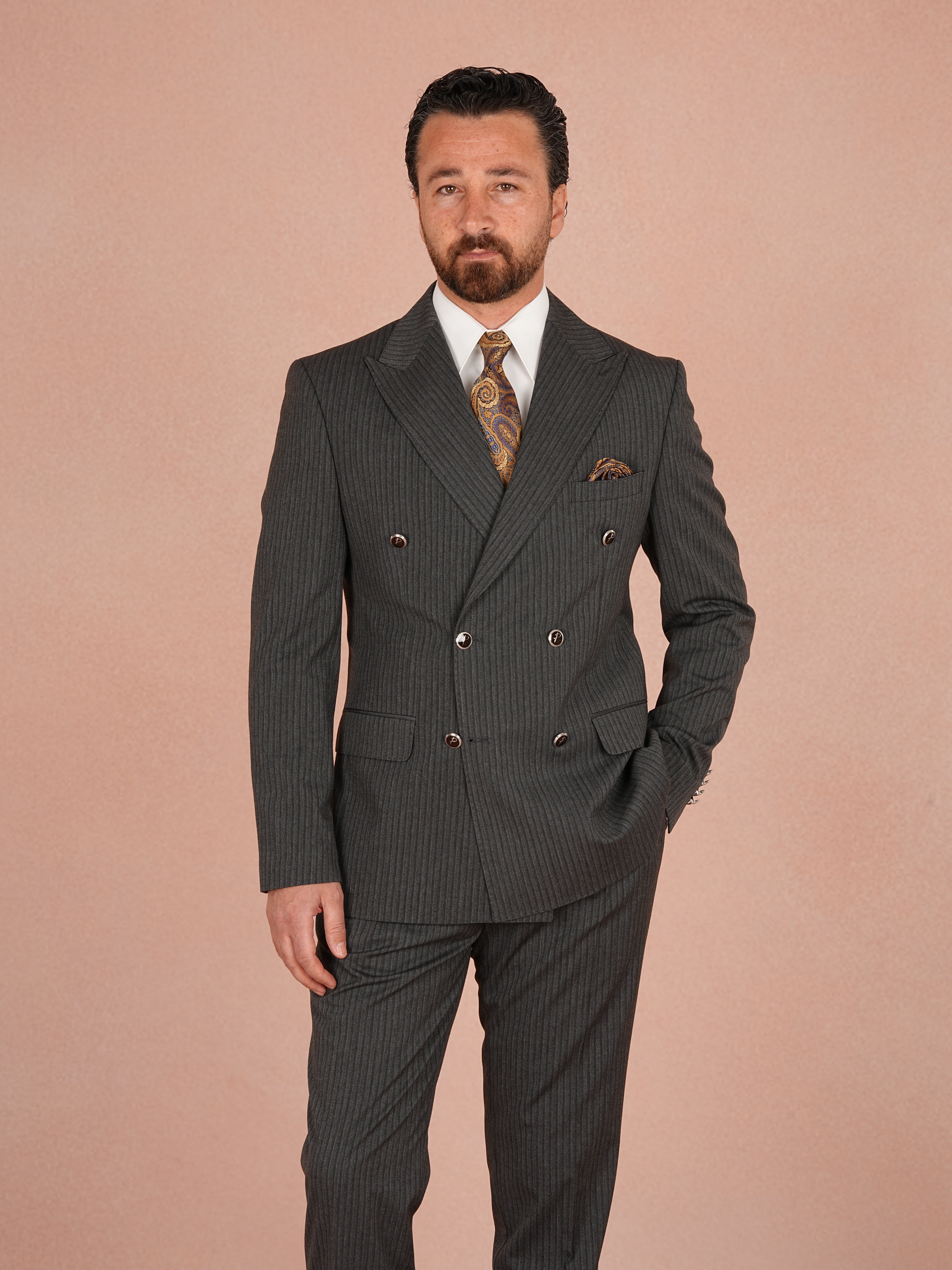 Premium Erkek Çizgili Kruvaze Takım Elbise Slim Fit İtalyan Stil Ceket Pantolon - Gri