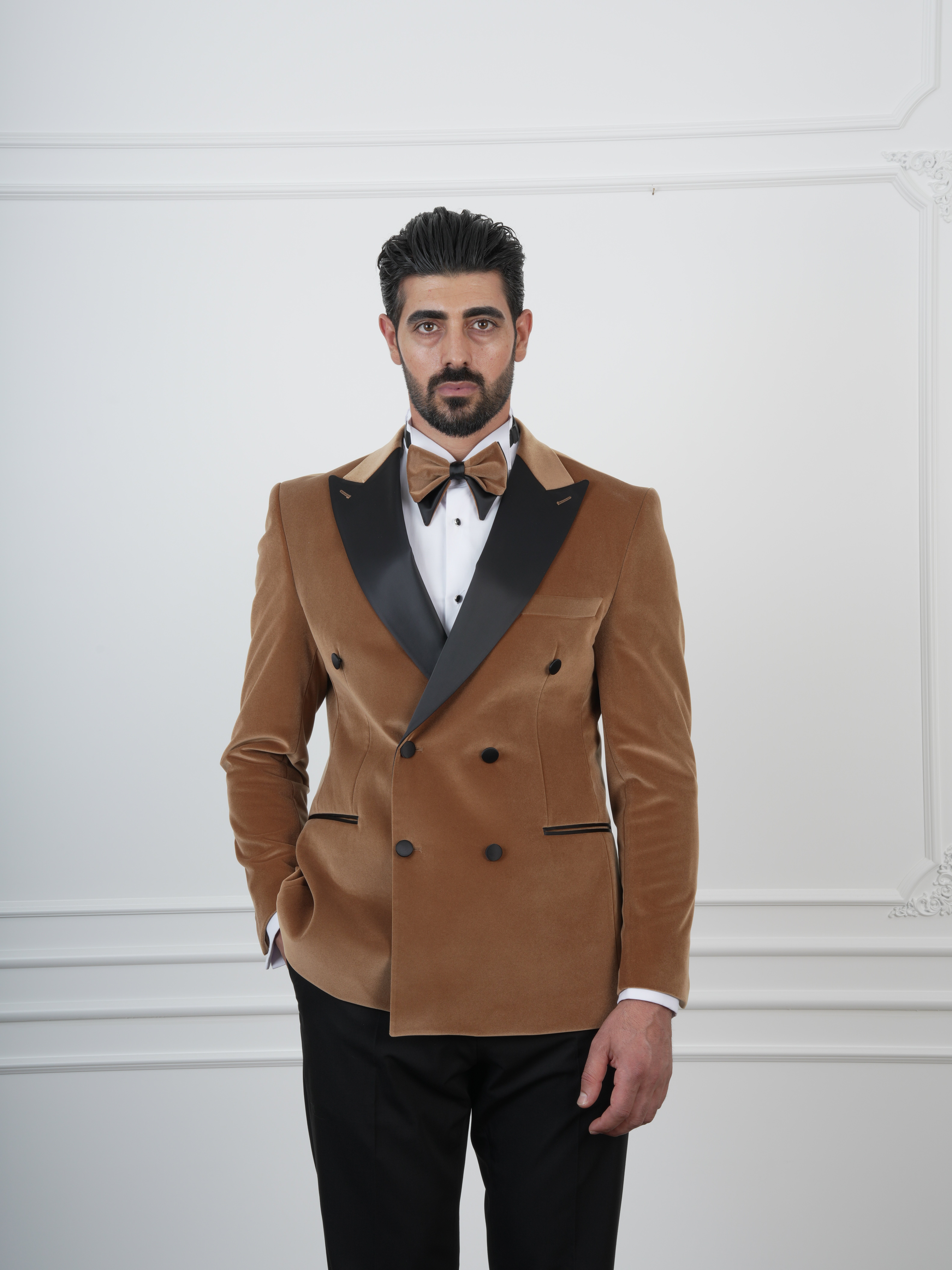 Erkek Premium Kadife Kruvaze Smokin Damatlık İtalyan Stil  Ceket Pantolon Papyon - Krem