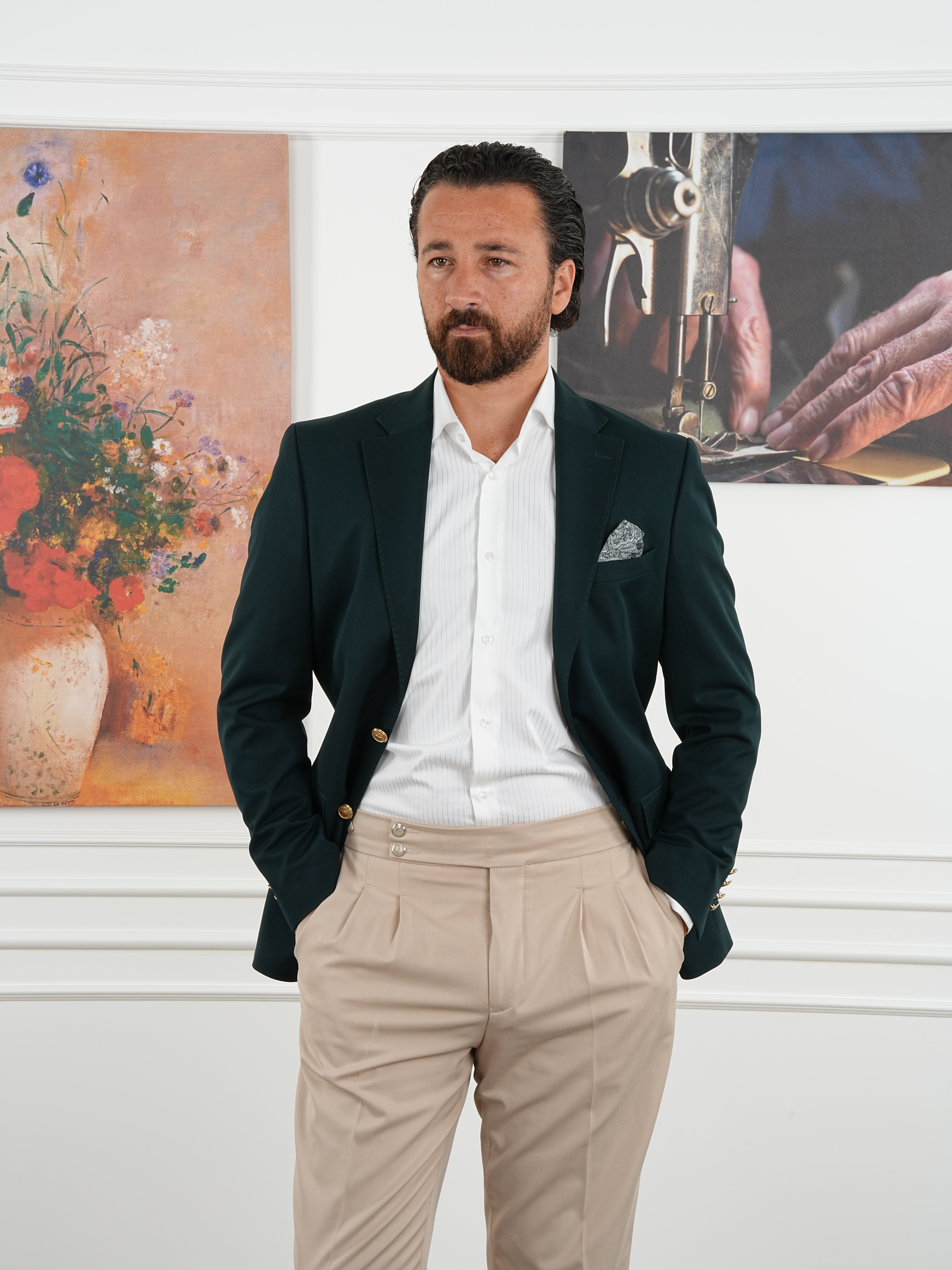 Premium İtalyan Stil Slim Fit Erkek Punto Dikişli Yarım Astarlı Ceket - Yeşil