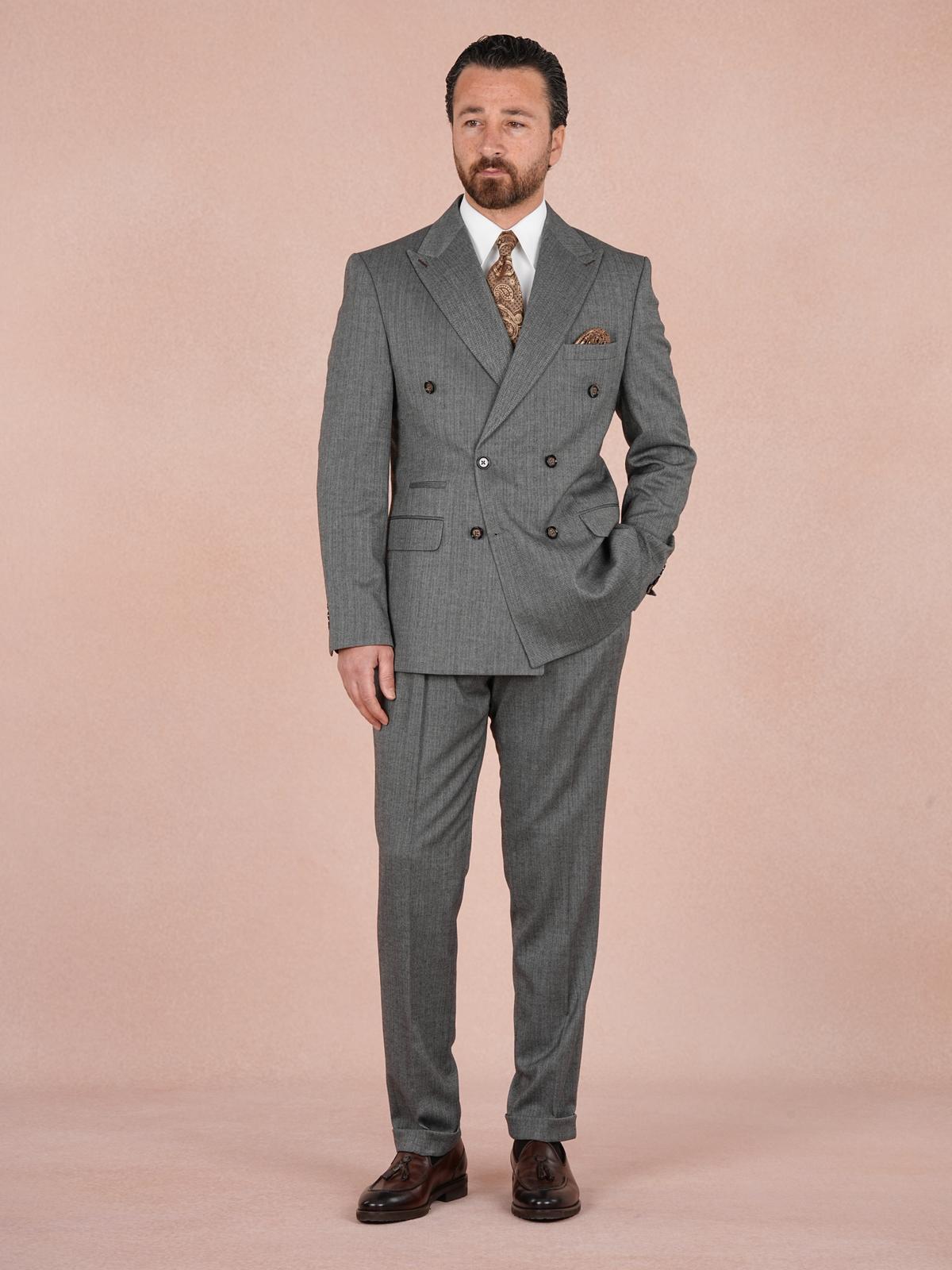 Premium Erkek  Kruvaze Takım Elbise Slim Fit İtalyan Stil Punto Dikişli Ceket Pantolon - Gri