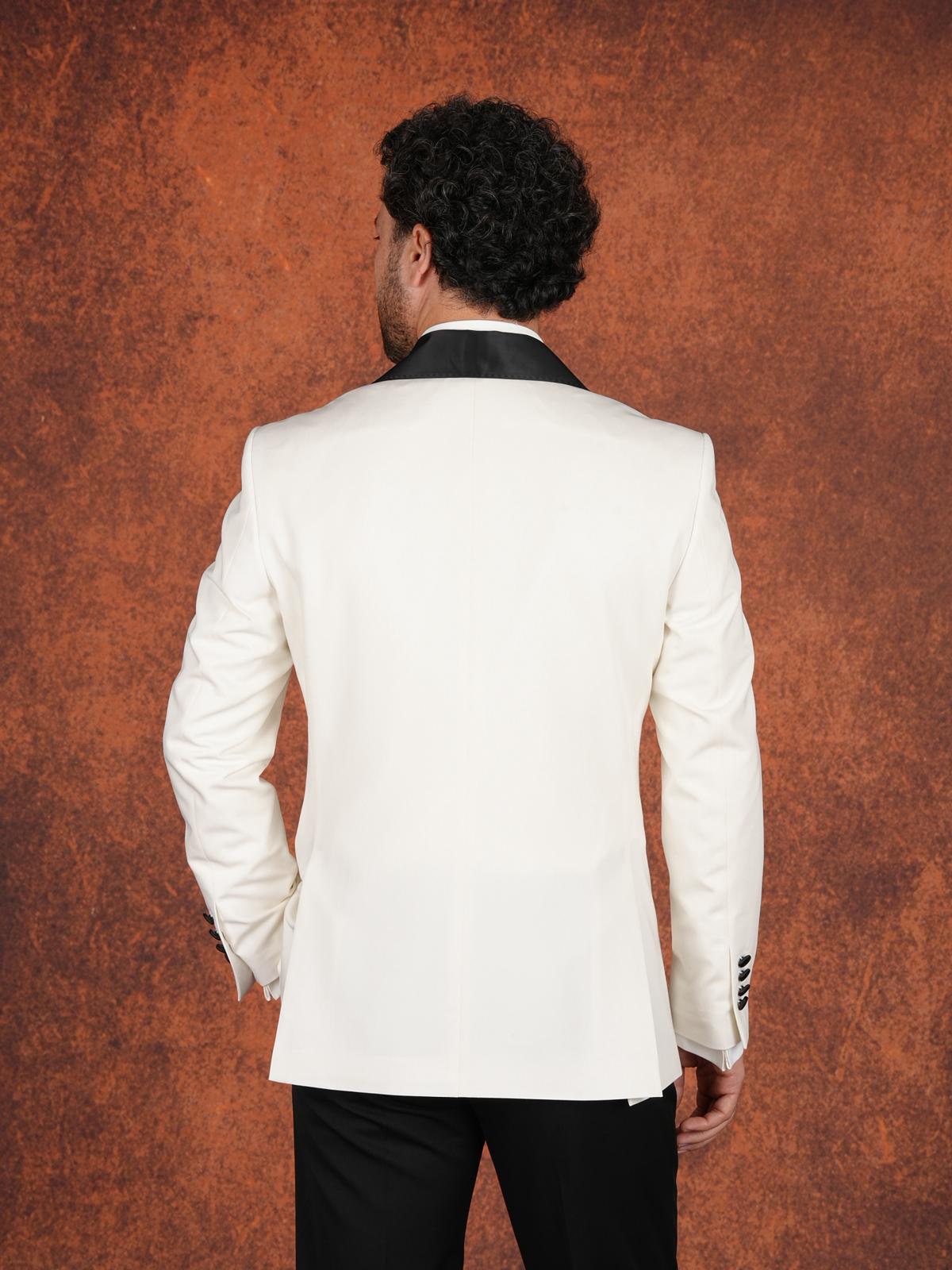 Erkek Premium Slim Fit İtalyan Stil Şal Yaka Damatlık Smokin Ceket Pantolon Papyon - Beyaz